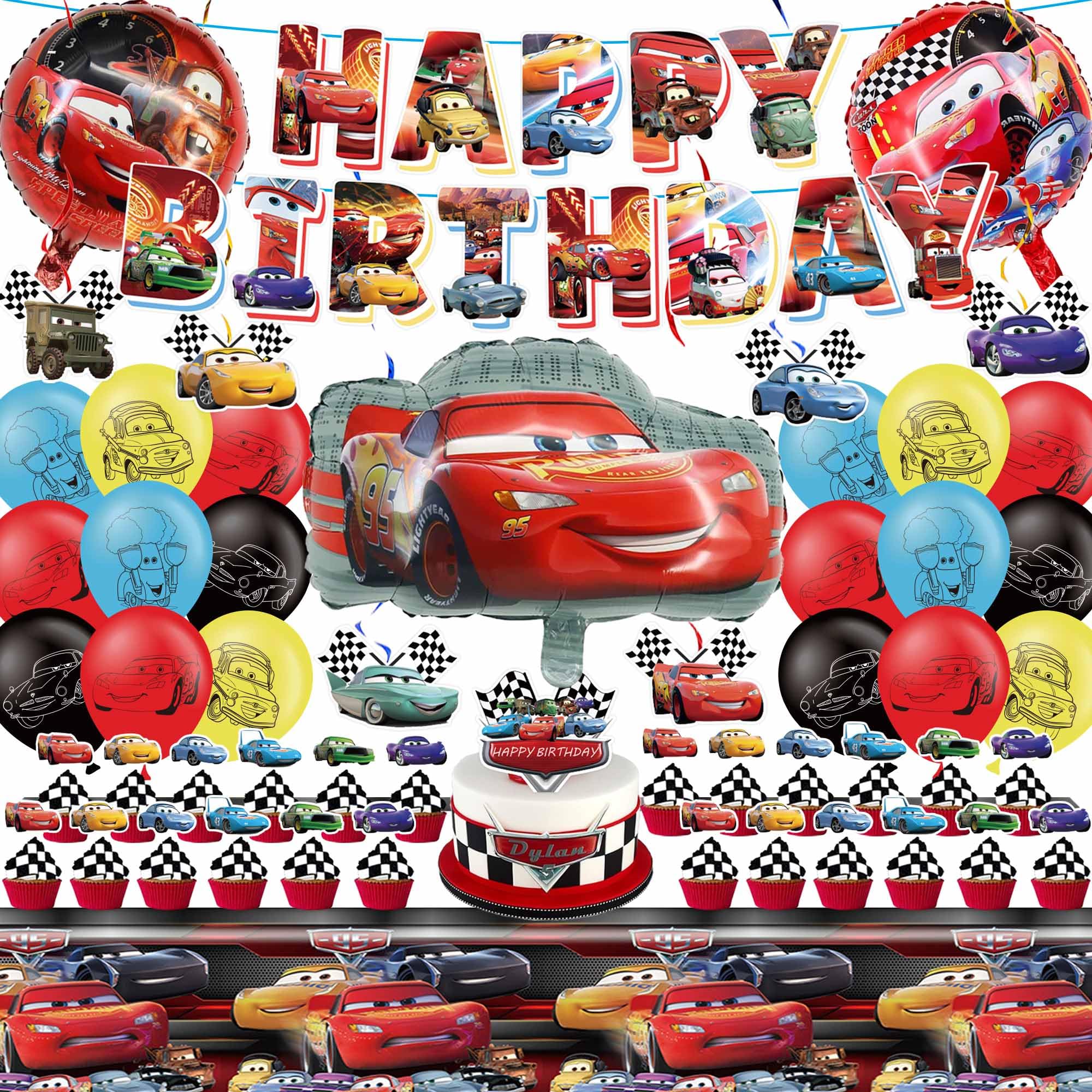 Cars Themed Birthday Party Decorations Set - Banner, Balloons, Cupcake Toppers, Tablecloth & Hanging Swirls for Boys' Race Car Birthday Party Decor