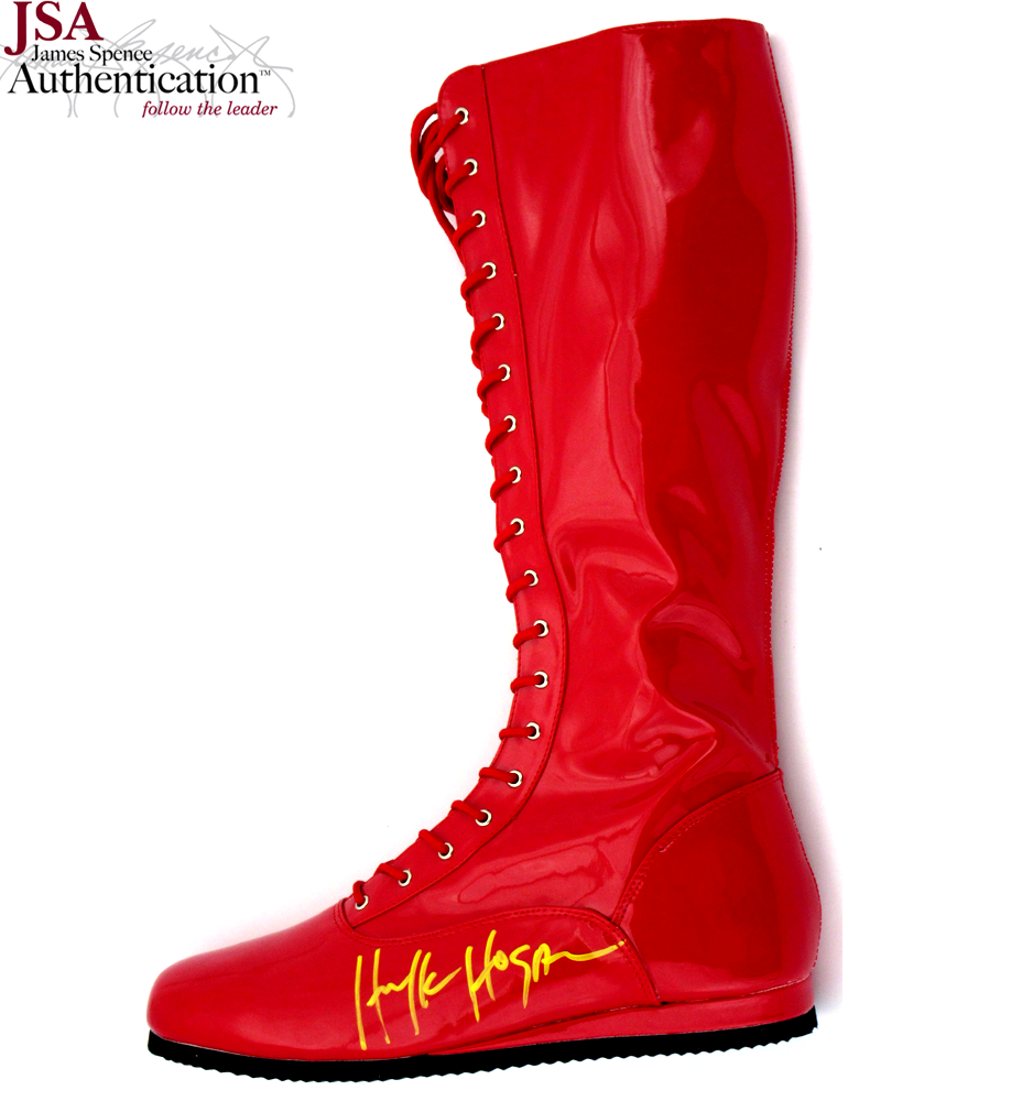 Terry Hulk Hogan Autographed Wrestling Boots - Signed 1990s Red Iconic Custom Wrestling Shoes with JSA Certificate - Perfect for Wrestling Collectors, Fans & Memorabilia Displays