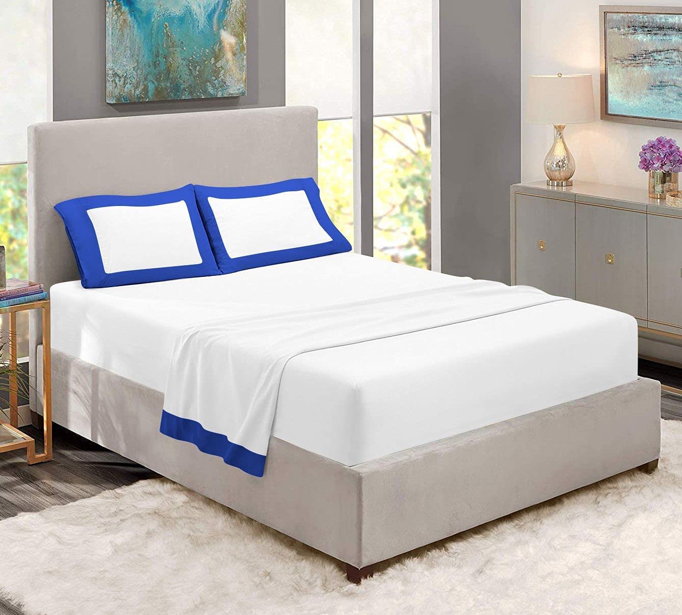 Sunrizer 100% Egyptian Cotton 800 TC Two Tone Bedding Set - Full Size Royal Blue/White - 18