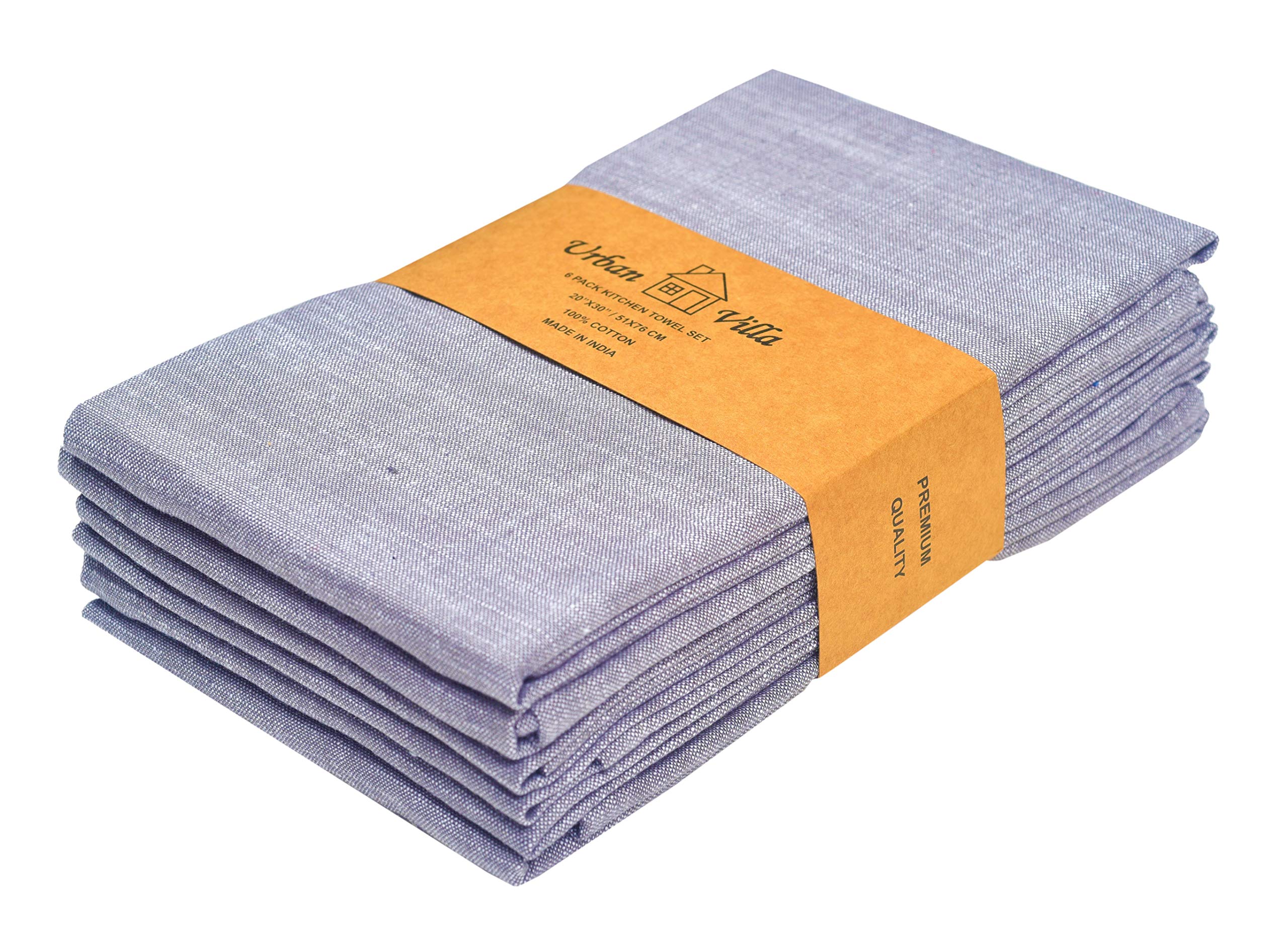 Urban Villa Premium 100% Cotton Kitchen Towels Set of 6 - Ultra Soft, Highly Absorbent, 20X30 Inches, Chambray Grey/White - Perfect for Everyday Kitchen Use and Dish Drying