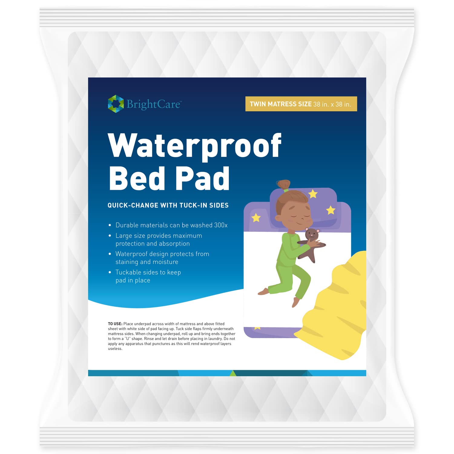 BrightCare Waterproof Bed Pad for Kids - Twin Size Washable Reusable Underpad with Tuck-in Sides - Gentle Bedwetting Protection for Potty Training - Perfect for Daycare, Sleepovers & Travel