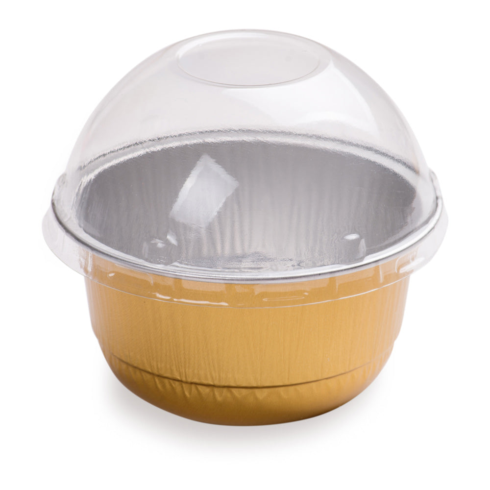 5 oz Round Gold Aluminum Baking Cups with Plastic Dome Lids - 3.25