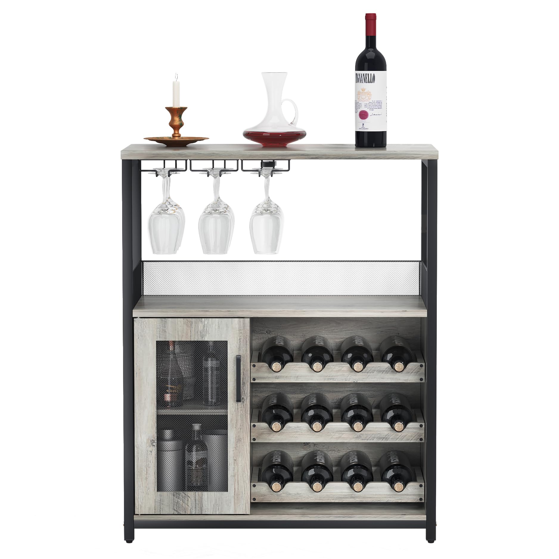 GAOMON Modern Wine Bar Cabinet with Detachable Wine Rack & Glass Holder - Grey Buffet Sideboard with Mesh Door for Dining Room, Kitchen, or Living Room Storage