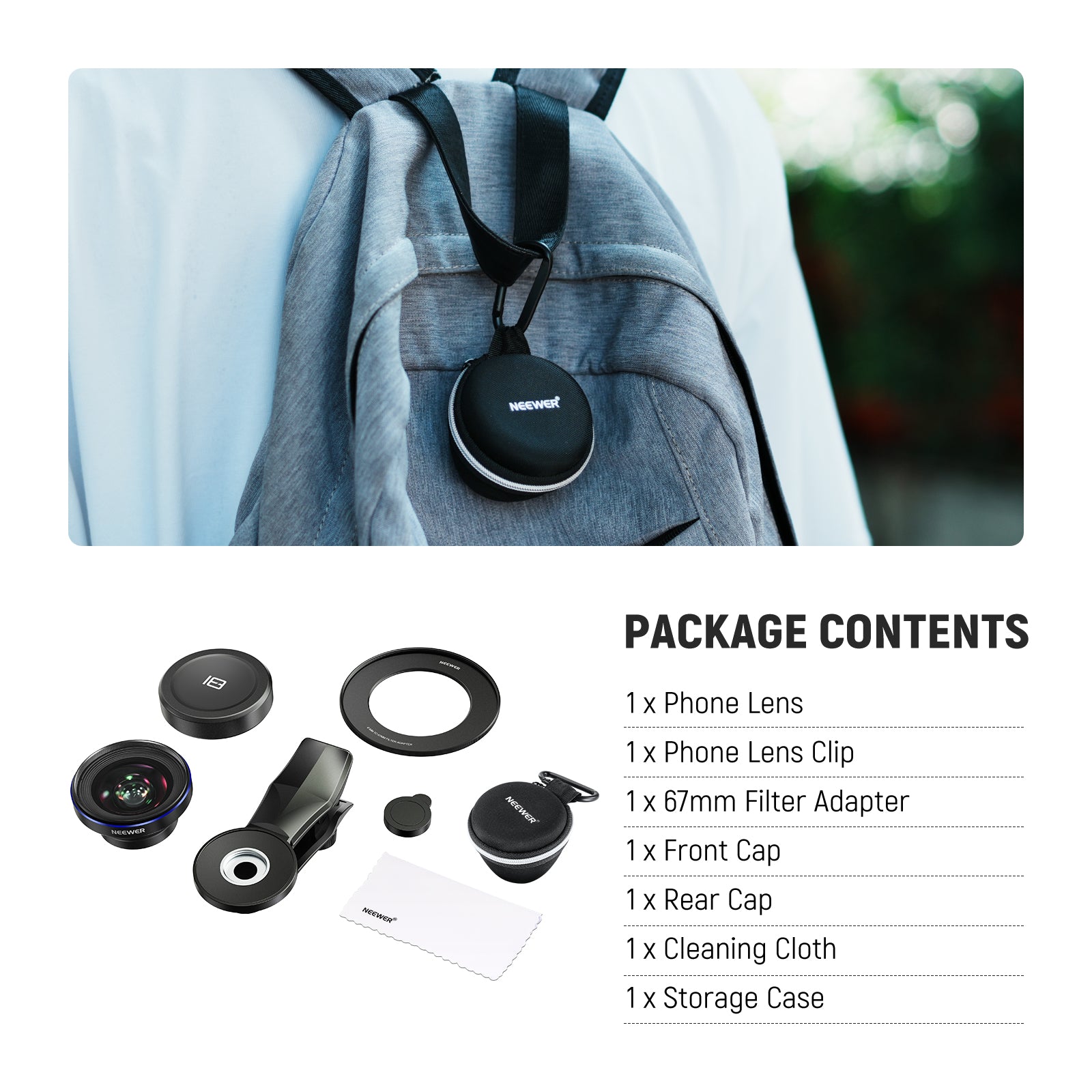 NEEWER LS 42 PRO 18mm 100° Wide Angle Lens with Clip & 67mm Filter Adapter - Perfect for Smartphone Photography, Vlogging, and Travel Shots