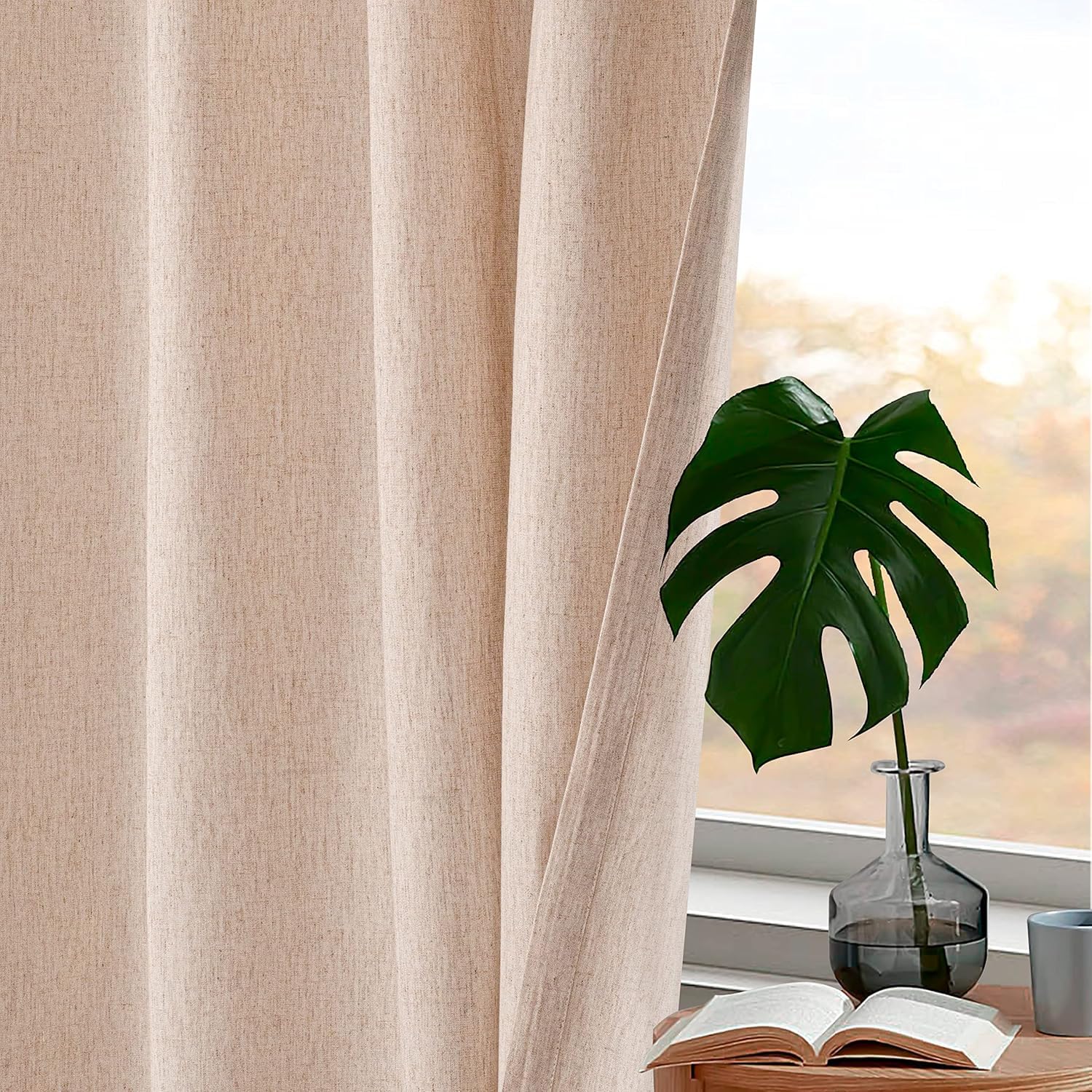 Natural Flax Linen Curtains 50x96 Inches - Set of 2 Taupe Tab Top Drapes for Farmhouse & Rustic Decor | Thanksgiving & Christmas Holiday Window Treatments