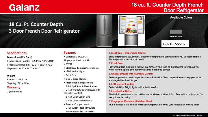 Galanz 33-Inch 18 Cu. Ft Counter Depth 3-Door French Door Refrigerator in Stainless Steel (GLR18FS5S16) - Perfect for Modern Kitchens, Open Floor Plans & Entertaining