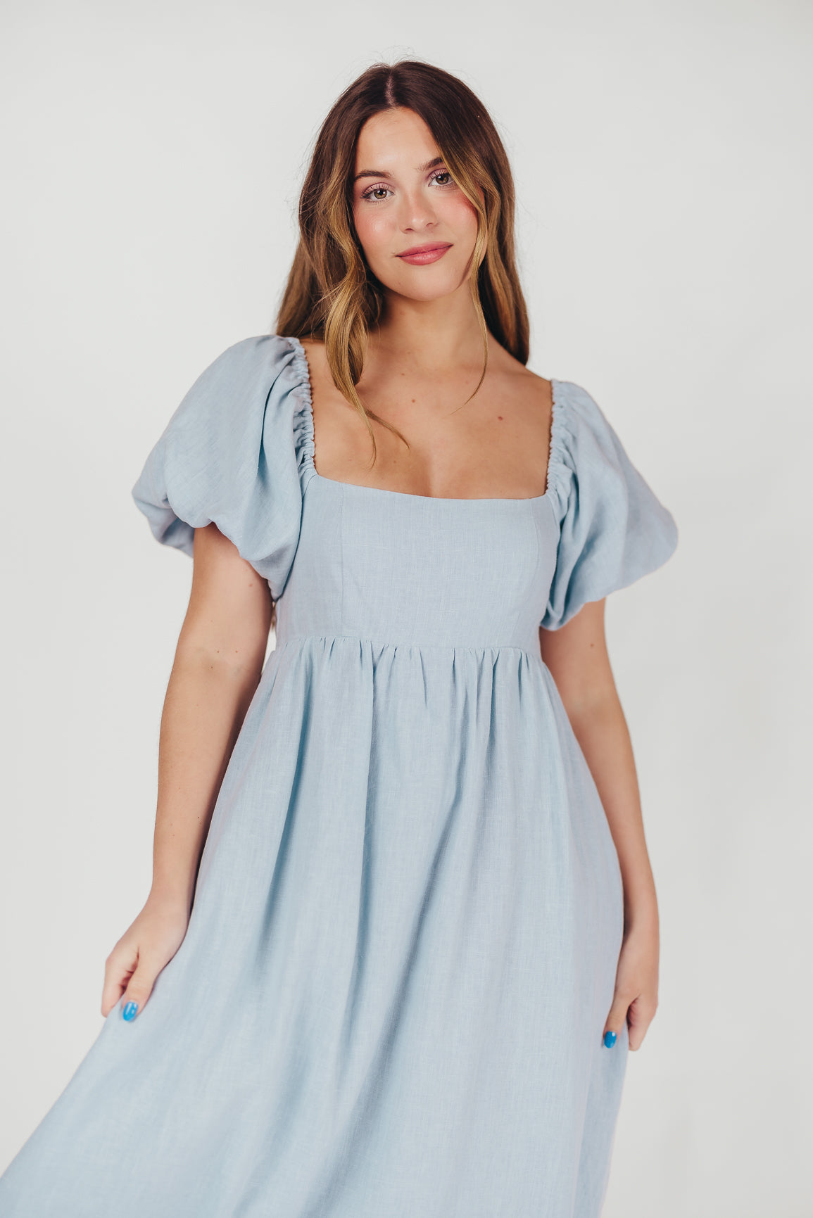 Candace Maxi Dress in Light Blue | 100% Linen Maternity Dress | Bump Friendly & Comfortable | Perfect for Summer, Beach, and Casual Outings