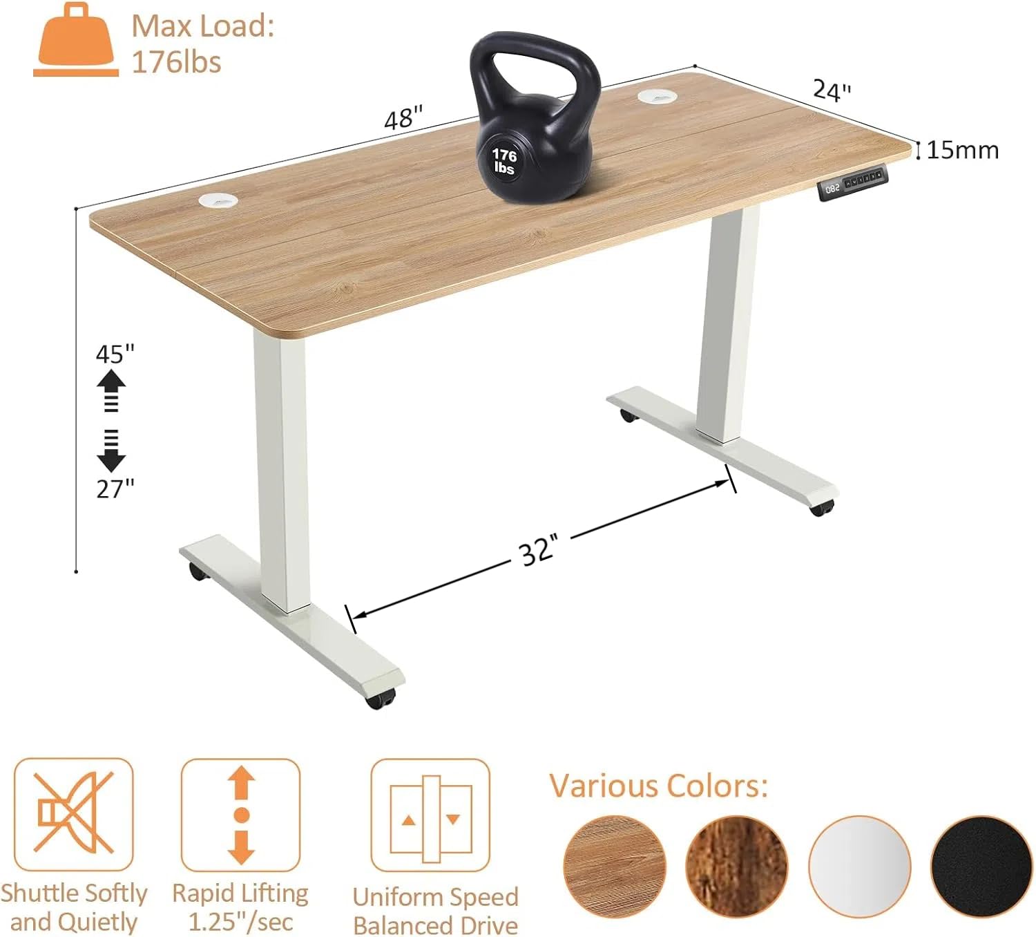 48 x 24 Inches Electric Standing Desk - Adjustable Height Sit Stand Desk with Memory Preset & Wheels, Oak Finish - Perfect for Home Office, Computer Workstation & Ergonomic Workspace Setup