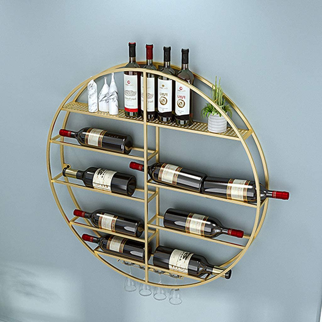 Modern Round Wall Mounted Wine Rack with Stemware Holder - 23.6 Inch Creative Metal Wine Storage & Display Shelf for Kitchen, Bar, Dining Room Decor