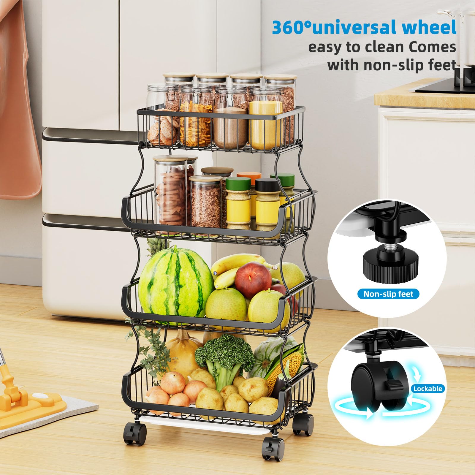 4-Tier Rolling Kitchen Cart with Wheels - Stackable Metal Wire Basket Organizer for Fruits, Vegetables, Bread & Snacks - Includes 2 Hanging Baskets - Perfect for Pantry, Grocery Storage & Small Space Organization (Black)