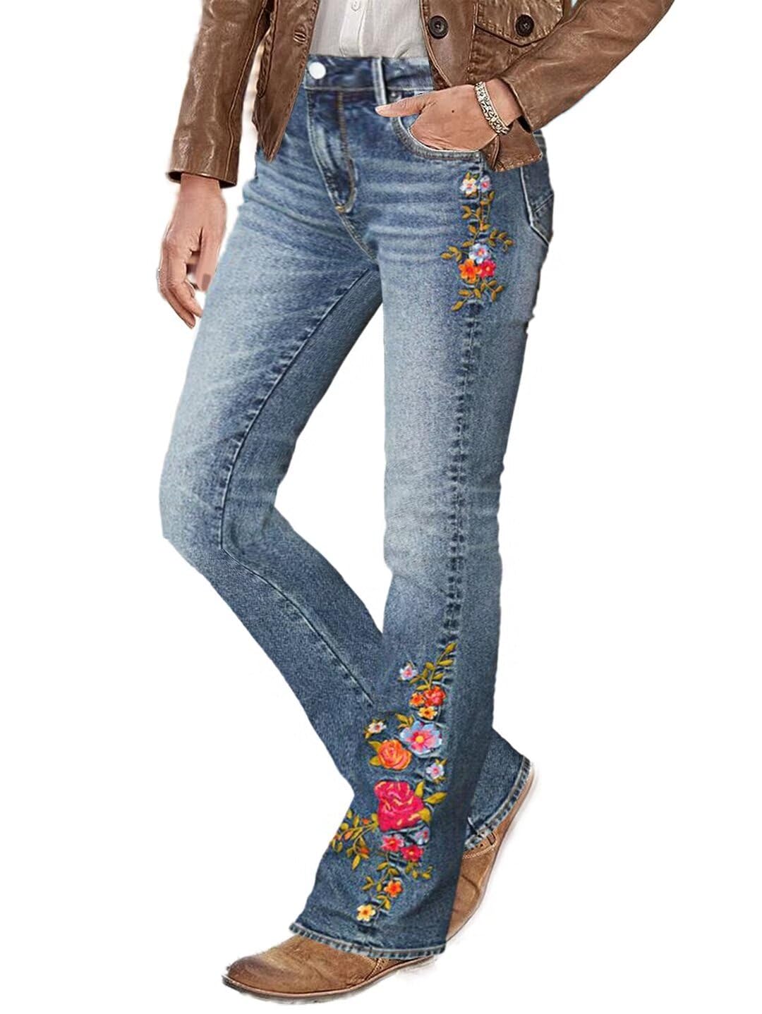 Flamingals Women's Floral Embroidery Bootcut Jeans - Mid Waist High Stretch Denim Pants with Pockets | Casual Wear, Date Night, Office Outfits