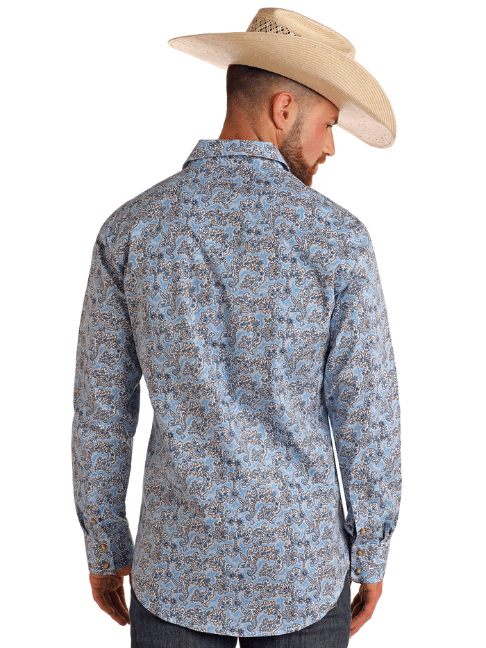 Rock & Roll Denim BMN2S05858 Men's Long Sleeve Paisley Print Snap Button Shirt Powder Blue - Vintage Style Western Shirt for Concerts, Parties & Casual Wear