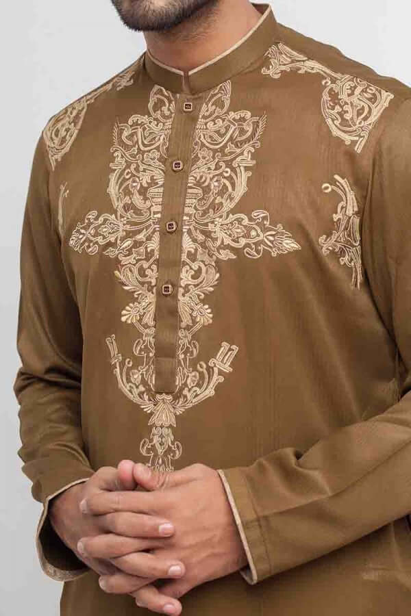 Exquisite Brown Thread Embroidered Shalwar Kameez - Traditional Pakistani Outfit for Women - Perfect for Weddings, Festivals & Special Occasions