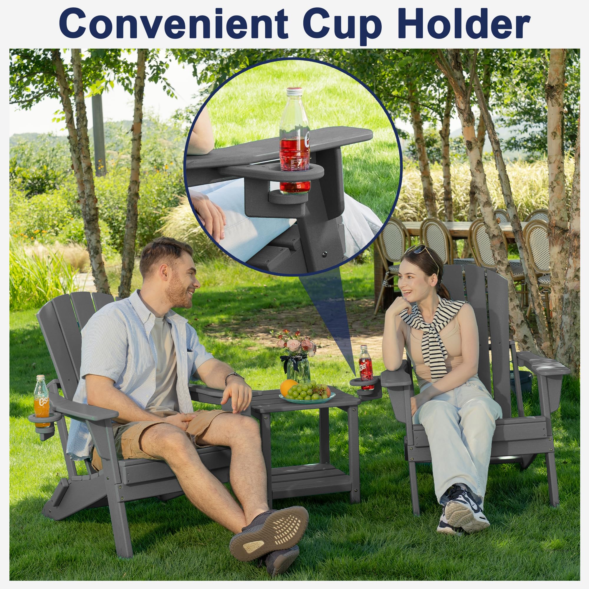 **Heavy Duty Folding Adirondack Chair - All-Weather HDPE, Wooden Texture with Cup Holder - SGS Certified - Perfect for Poolside, Backyard, Lawn & Patio - Comfortable Outdoor Seating (Grey)**