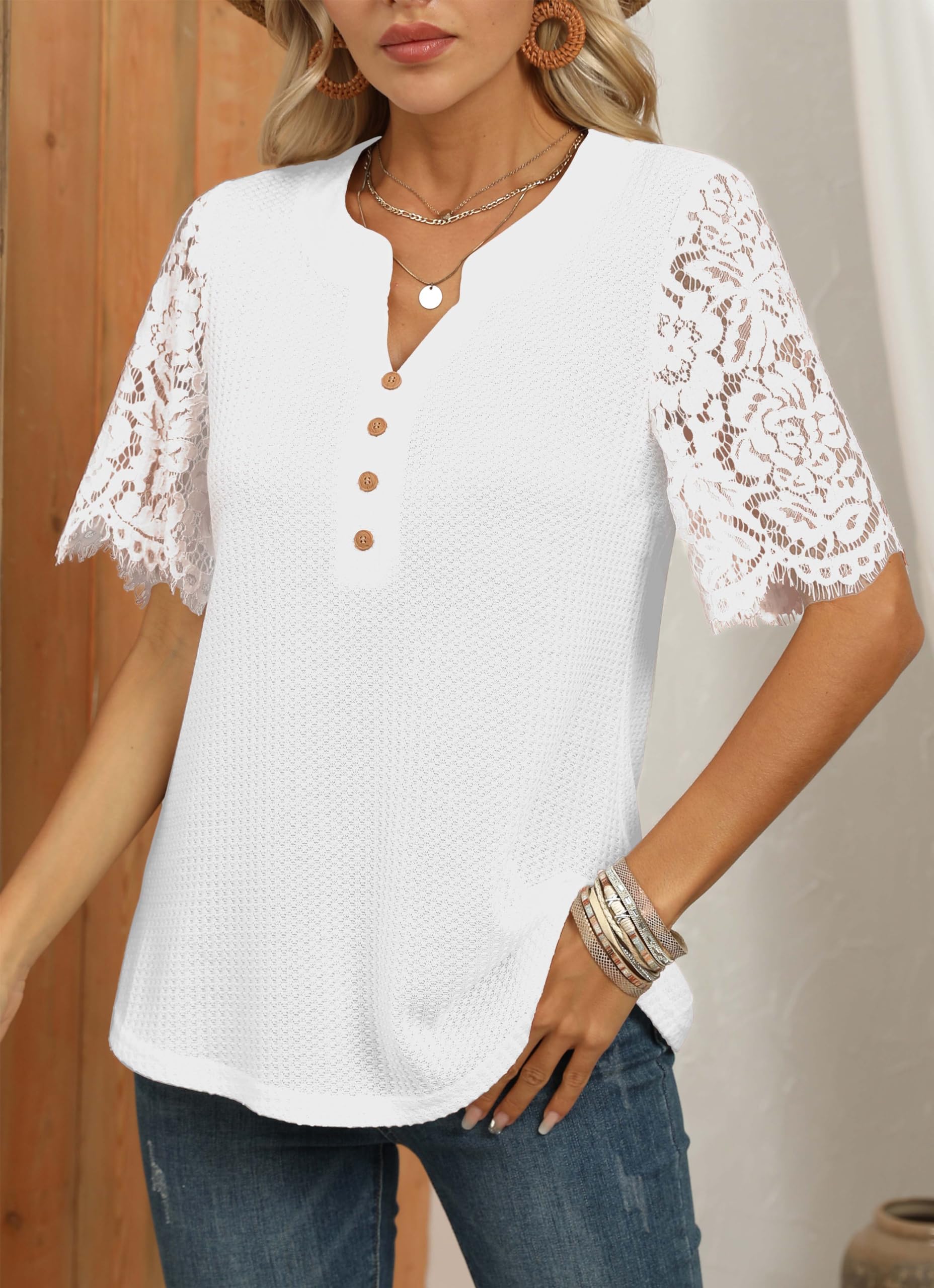 Women's Summer V Neck Waffle Knit Shirt - Casual Short Sleeve Tunic Blouse with Button Up & Lace Detail - Perfect for Beach Outings, Office Wear and Weekend Brunch
