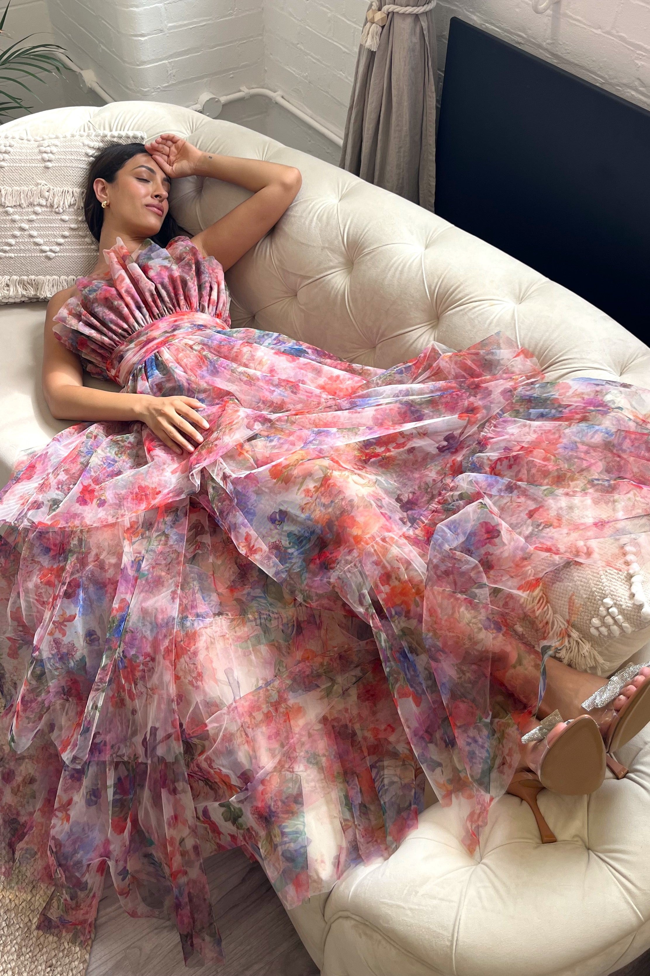 Natalia Tulle Maxi Dress - Floral Print Elegant Evening Gown for Women | Perfect for Weddings, Parties & Special Occasions