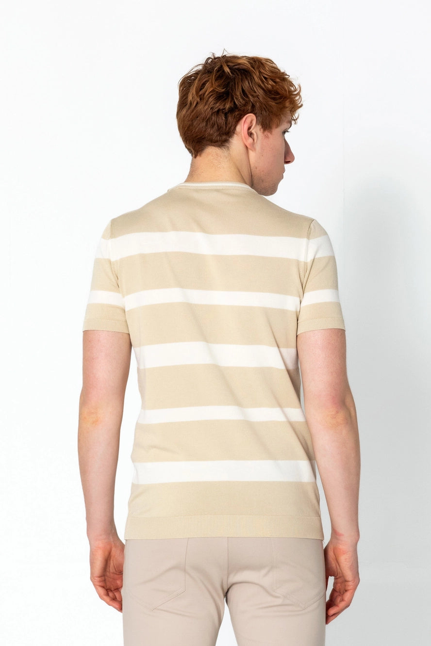 RNT23 Striped Knit T-Shirt Beige - Soft & Comfortable Casual Top for Women | Perfect for Everyday Wear, Layering & Outfits