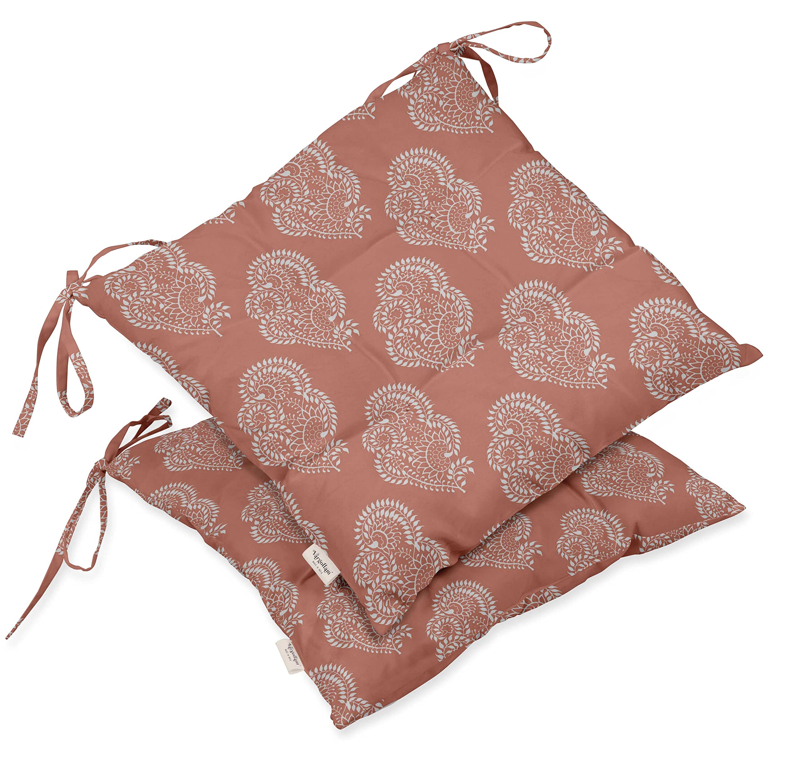 Water Resistant Indoor/Outdoor Tufted Square Patio Cushion Set of 2 - 19 Inch Orange Printed Seat Cushions | Asian Block Design for Garden, Poolside & Balcony Furniture