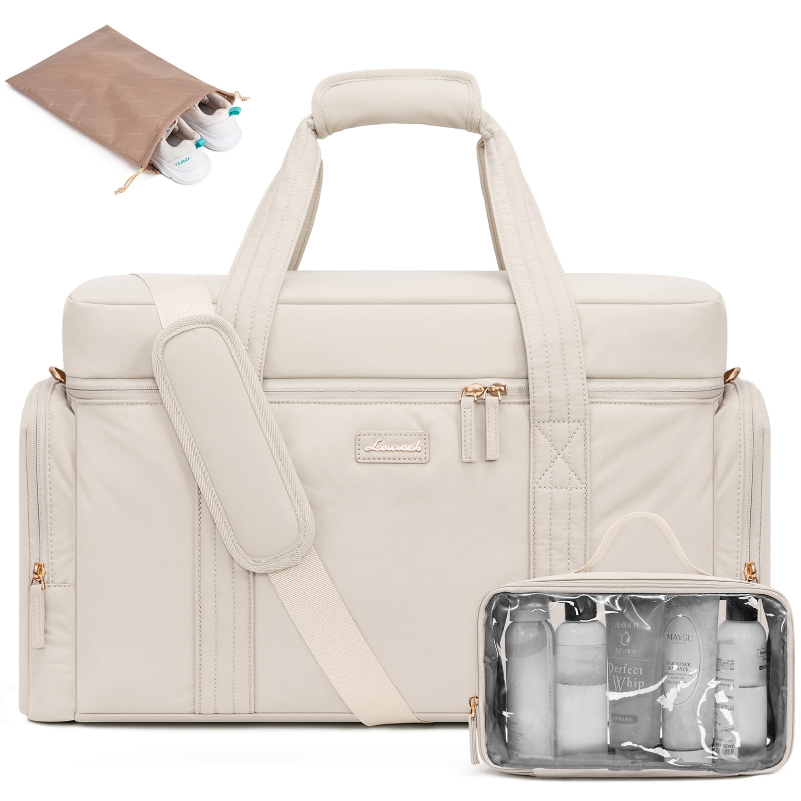 LOVEVOOK Women's Puffer Weekender Travel Duffle Bag - 3-Piece Set with Toiletry Bag & Wet Pocket - Perfect for Airplane Carry-On, Hospital Labor Delivery, Yoga Gym & Weekend Getaways - Beige
