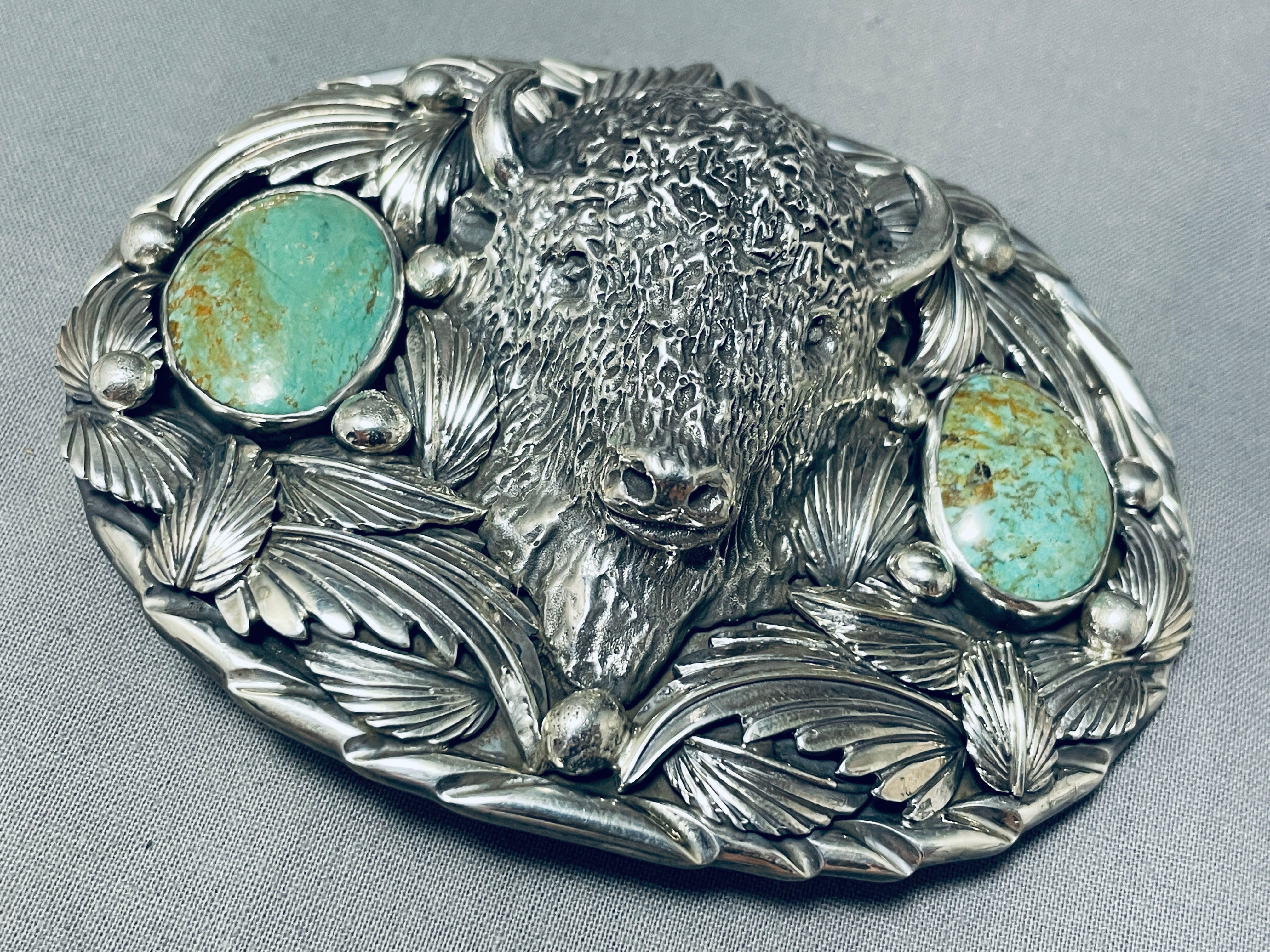 Authentic Native American Sterling Silver Buffalo Turquoise Belt Buckle - 164 Grams - Handcrafted Western Jewelry for Cowboy Boots & Jeans