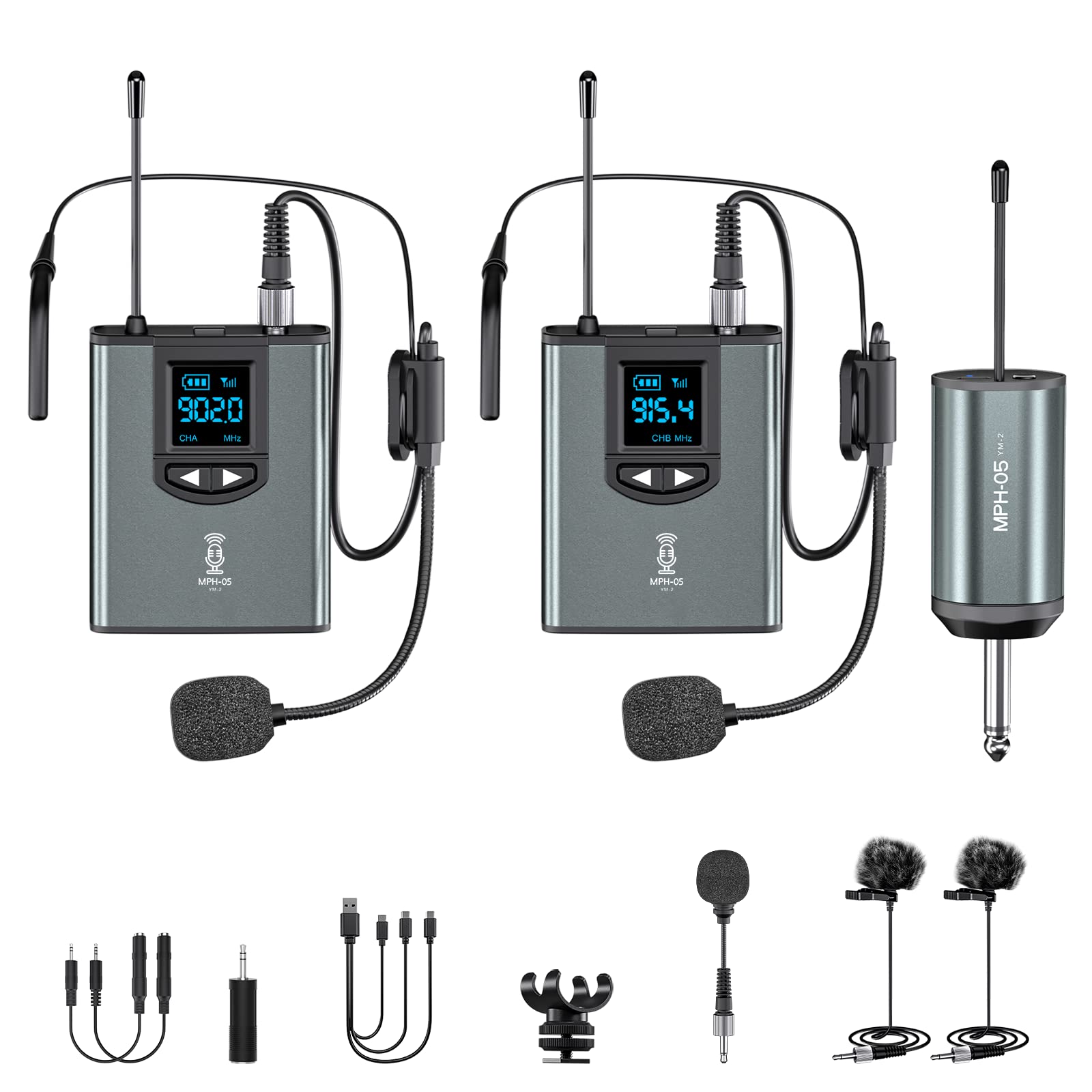 Professional Wireless Microphone System - Dual Transmitter & Receiver with Lavalier/Headset Mic - Rechargeable Bodypack for PA Speakers, Cameras, Video Recording - Perfect for Teaching, Church Services, Interviews, YouTube Videos & Live Streaming