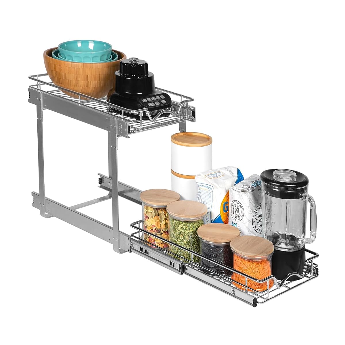 2-Tier Pull Out Cabinet Organizer - Heavy Duty Metal, Anti-Rust Chrome Finish for Kitchen & Bathroom Storage