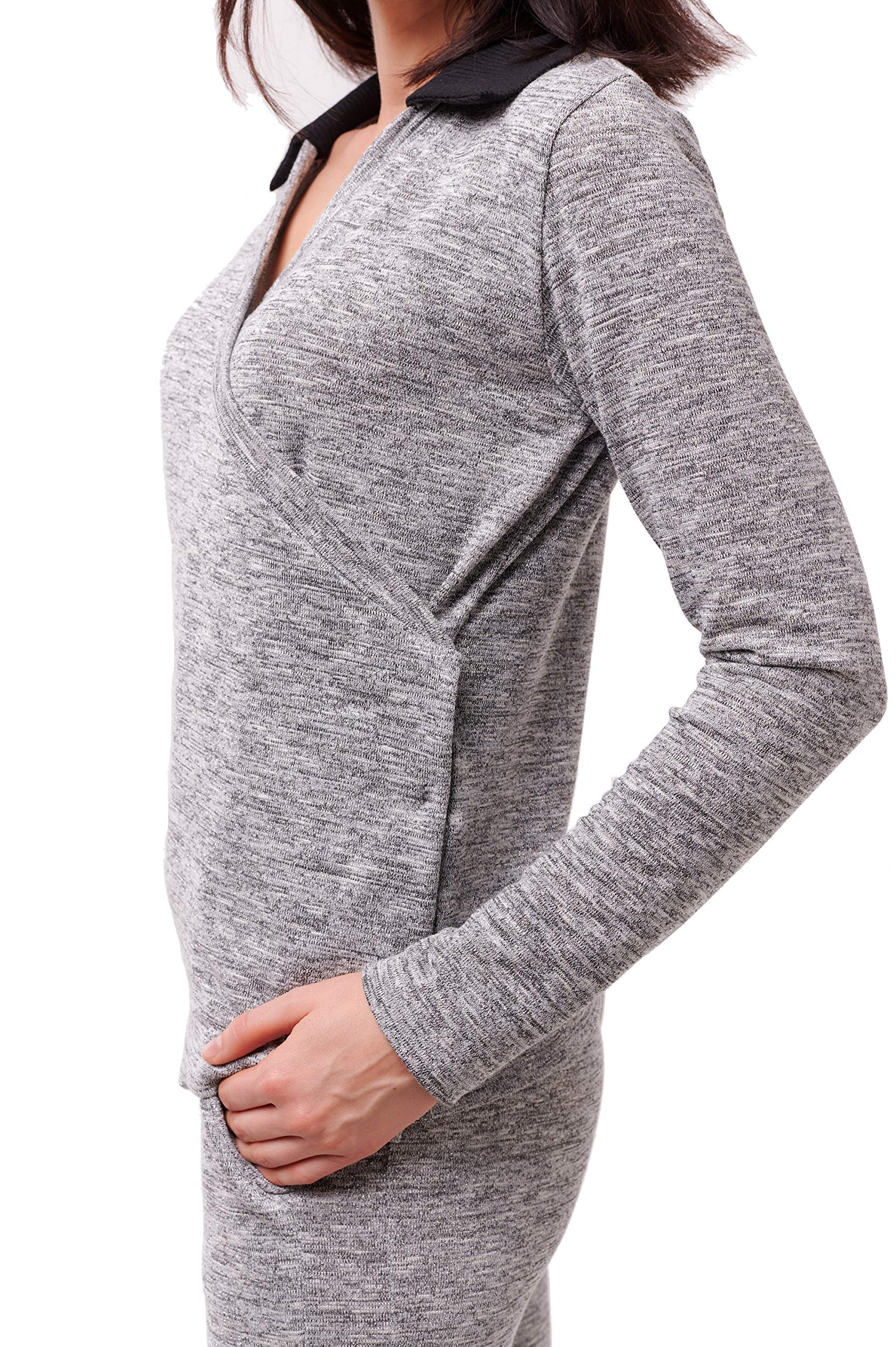 Elegant Silver Wrap Top with Long Sleeves & Collar - Perfect for Office Wear, Date Nights & Casual Outings
