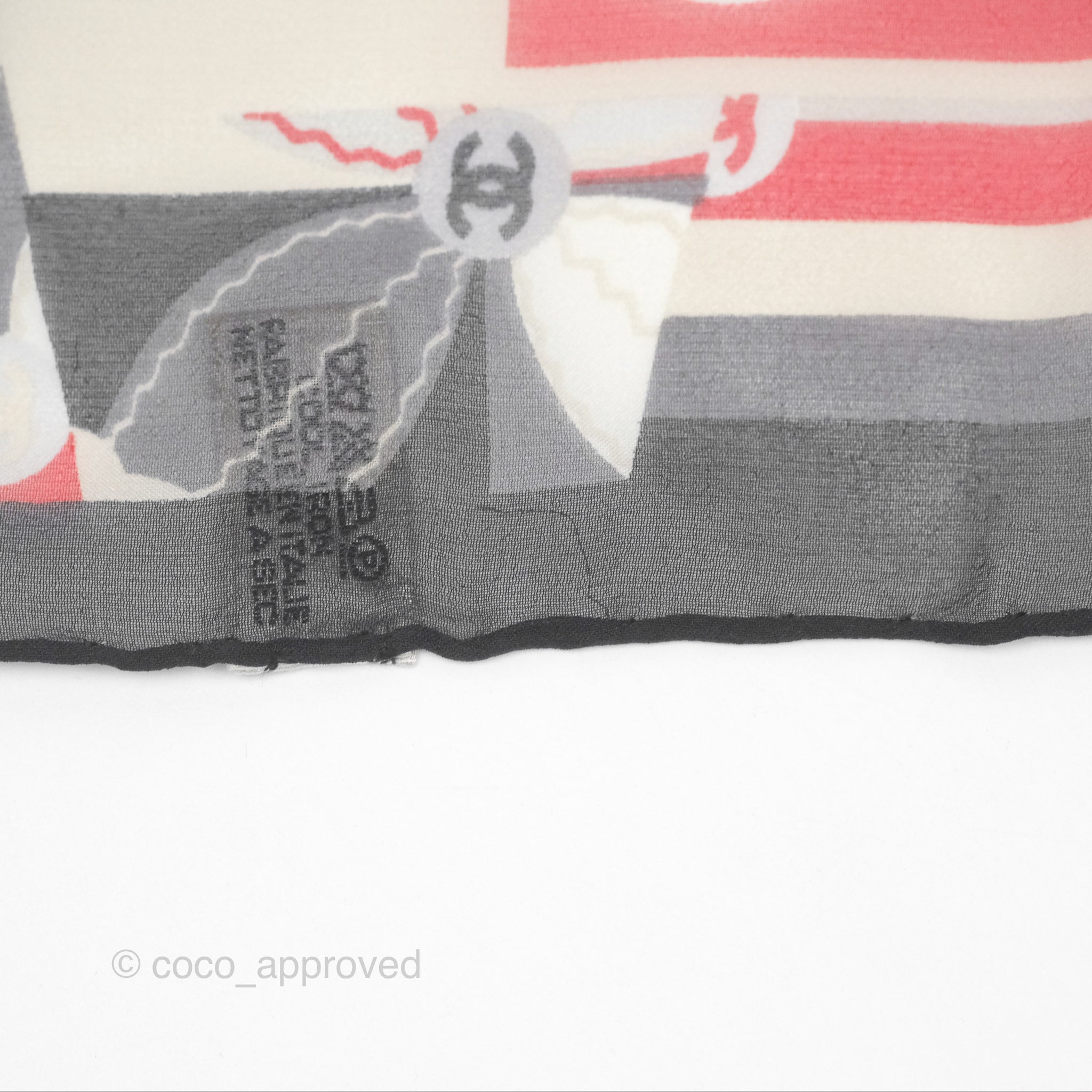 Chanel CC Silk Square Scarf 90 - Elegant Grey Red White Pattern - Luxury Fashion Accessory for Women - Perfect for Gifts, Parties, and Everyday Style