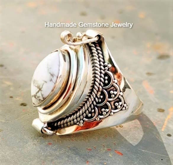 White Howlite Poison Ring with Marquise Stone - Handmade Openable Secret Stash Jewelry | Perfect for Gift Giving, Cosplay & Steampunk Fashion Accessories