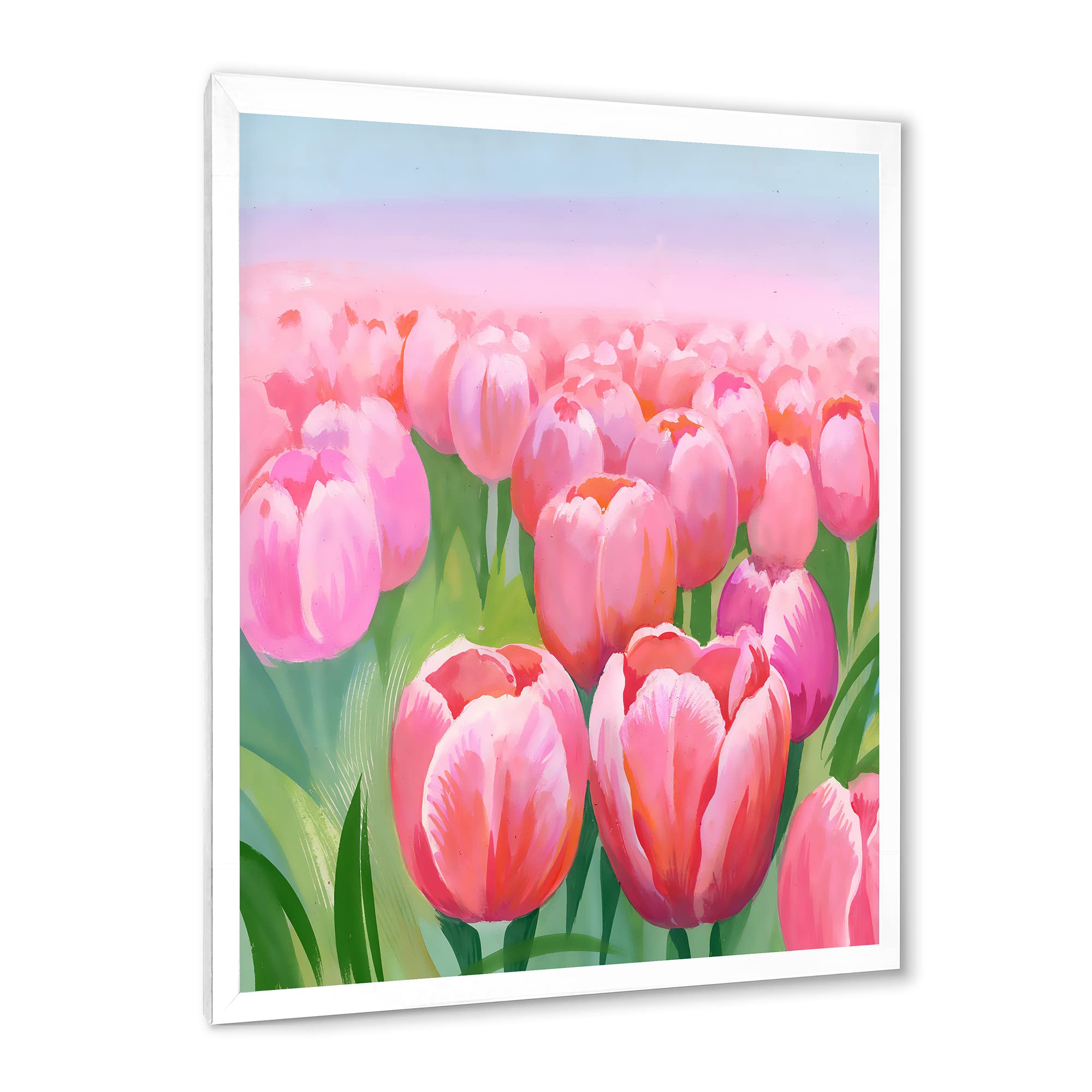 Field of Pink Tulips Traditional Framed Wall Art - Floral Home Decor for Living Room, Bedroom & Office - Ready to Hang Canvas Painting