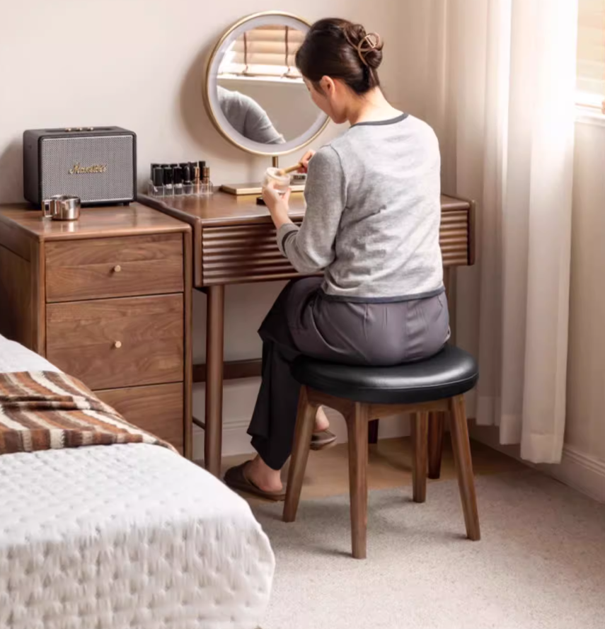 Solid Oak & Black Walnut Wood Makeup Stool - Durable Beauty Vanity Seat with Cushion for Bedroom, Dressing Room & Salon Use