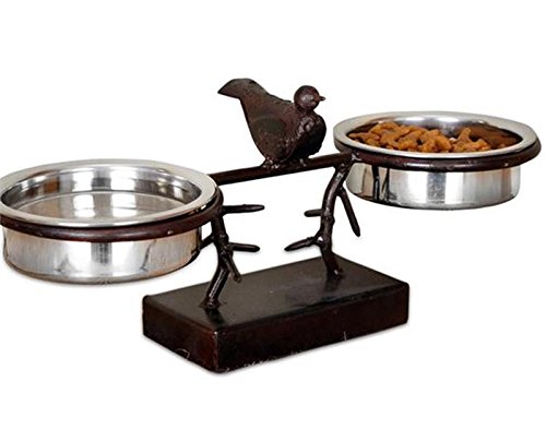 Rustic Wrought Iron Double Pet Feeder for Cats & Dogs - Durable Elevated Food and Water Bowl Stand for Indoor/Outdoor Use