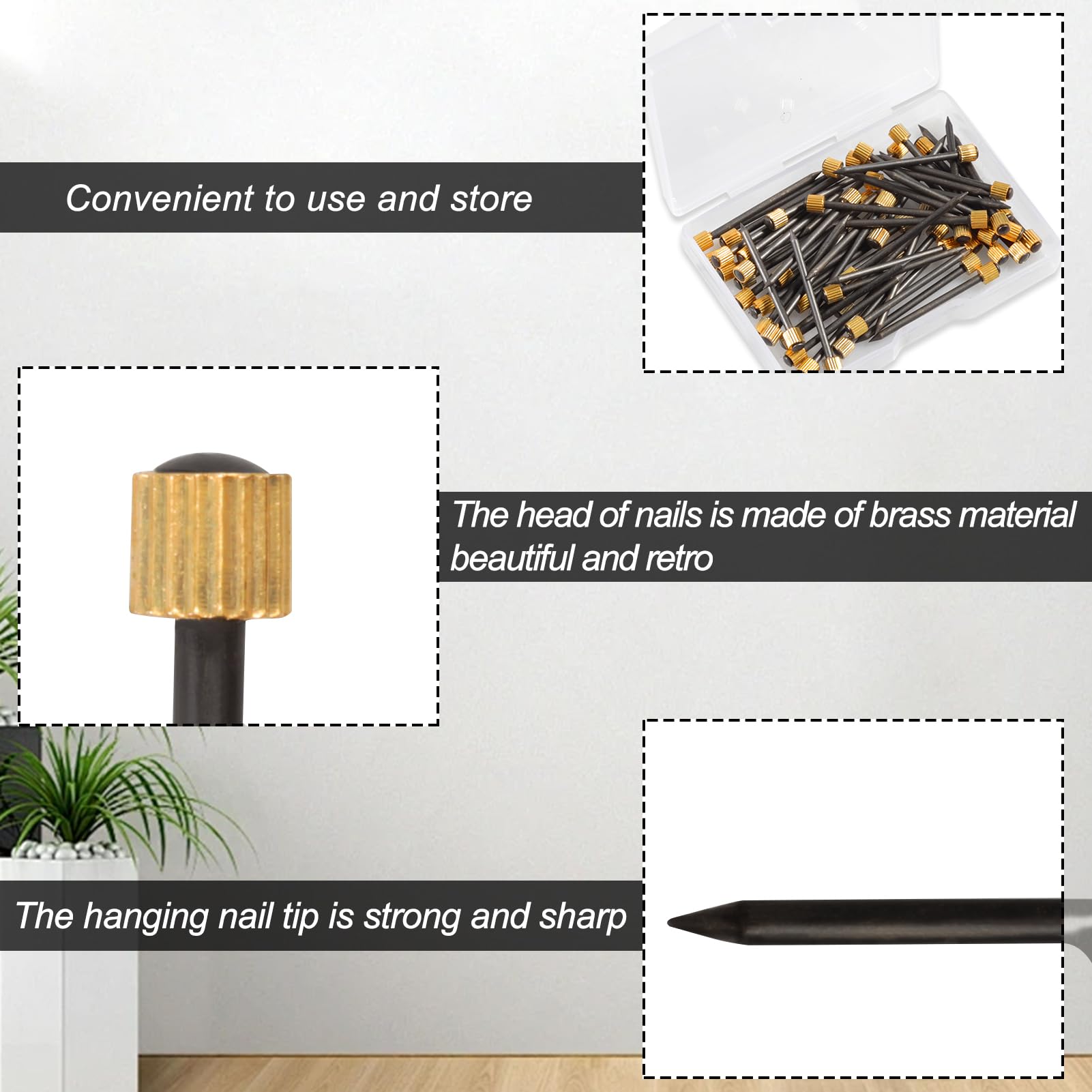 SPEEDWOX 60 Pcs Heavy Duty Picture Hanging Kit - Black Steel Nails with Brass Head Frame Hooks for Wall Art, Paintings & Photo Frames (5-30 lbs Capacity) - Includes Plastic Storage Box for Home & Office Decor Organization