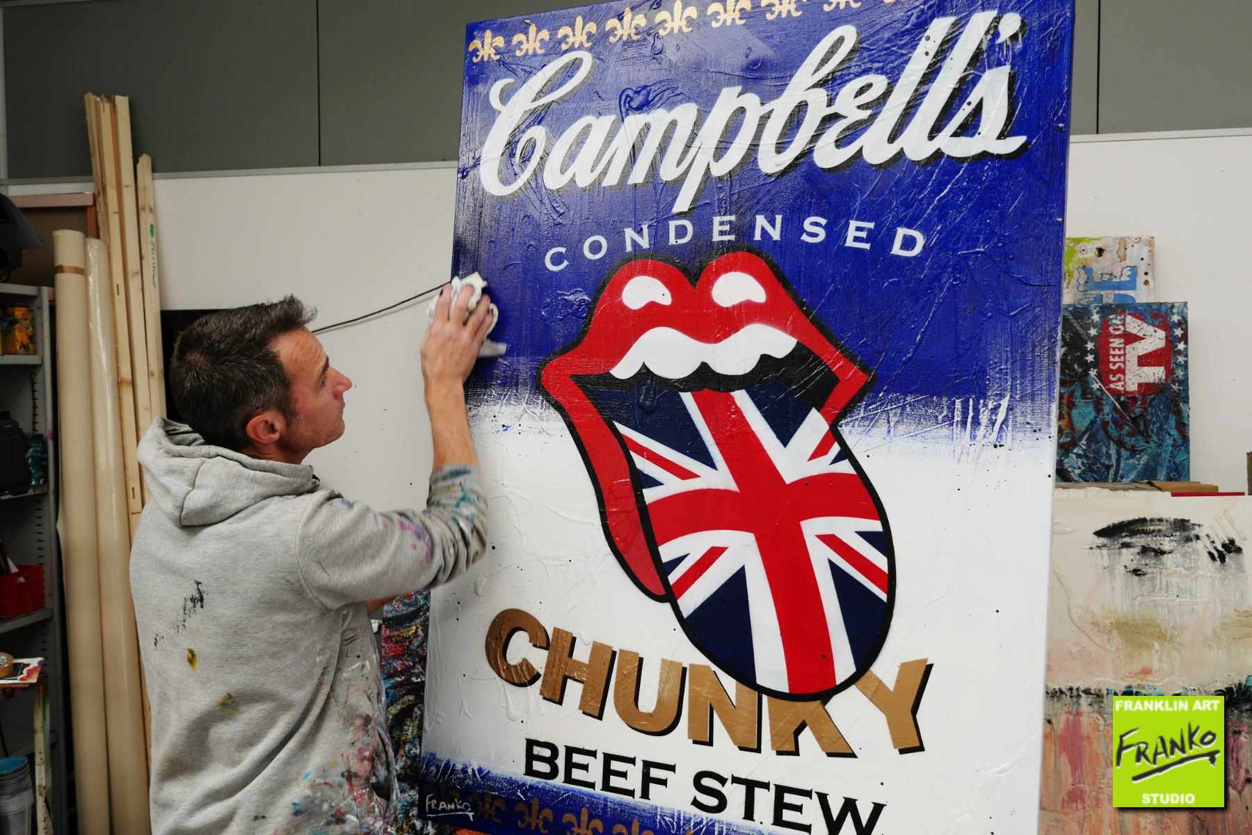 Chunky Stewed Up Rolling Stones 140cm x 100cm Campbell's Soup Textured Urban Pop Art Canvas Painting - Perfect for Modern Home Decor, Office Wall Art & Gift for Music Lovers