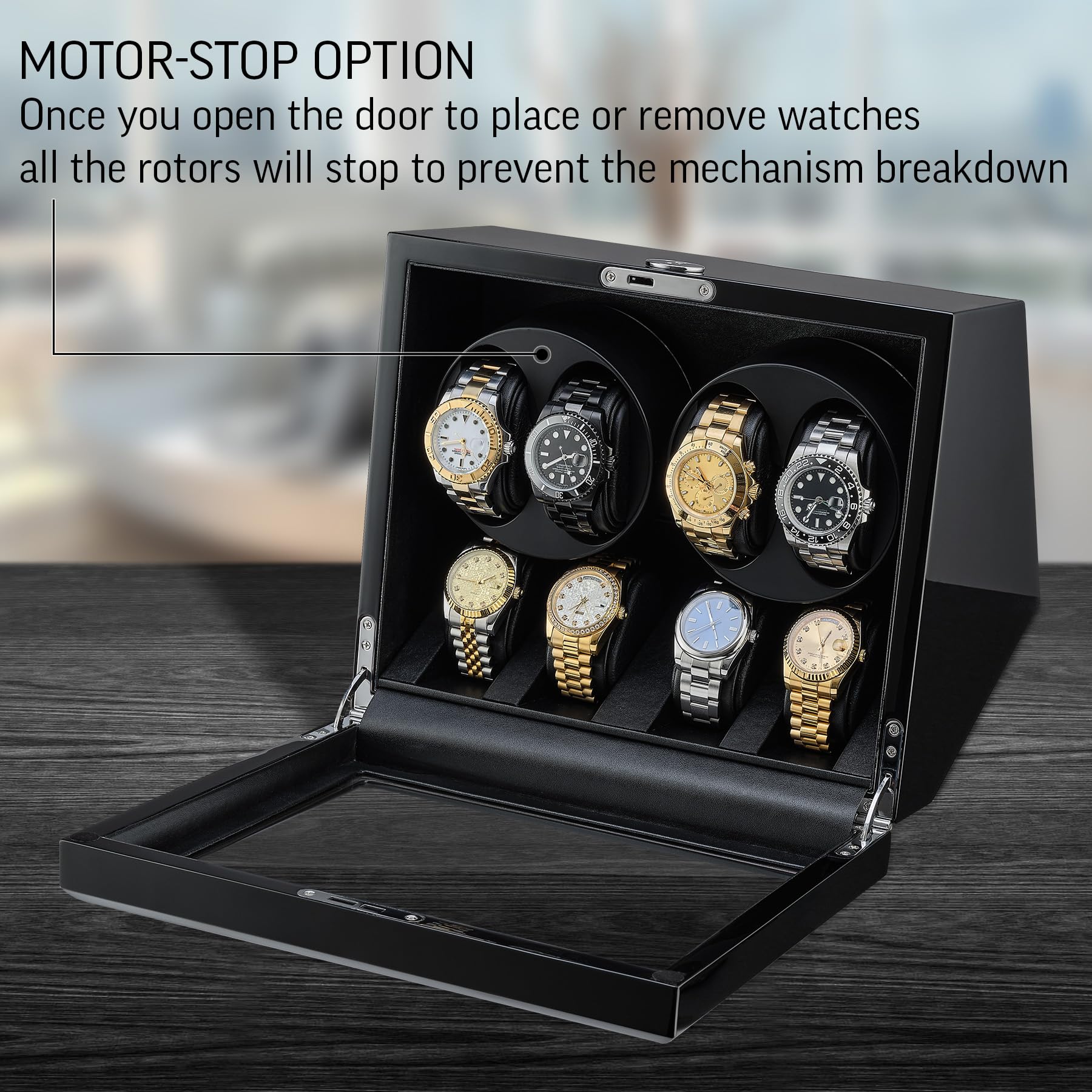 TIMECUBE Automatic Watch Winder for Men - 4 Watch Storage Box with LED Light & Smart Motor Stop - Perfect for Rolex, Omega Luxury Watches - Home Office & Travel Use
