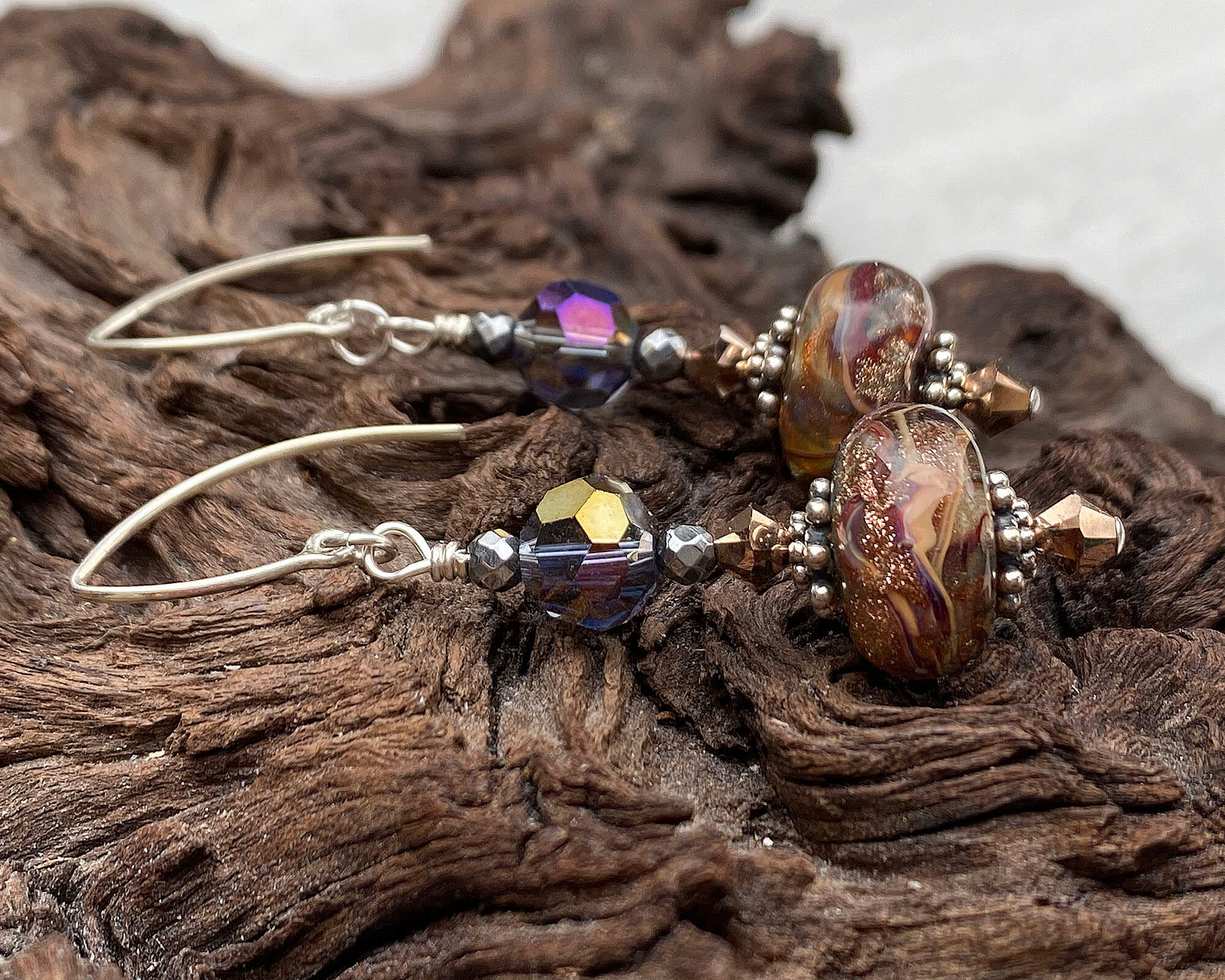 Purple Shimmering Goldstone Lampwork Earrings - Handmade Beaded Dangle Earrings for Women | Perfect for Parties, Weddings & Evening Events