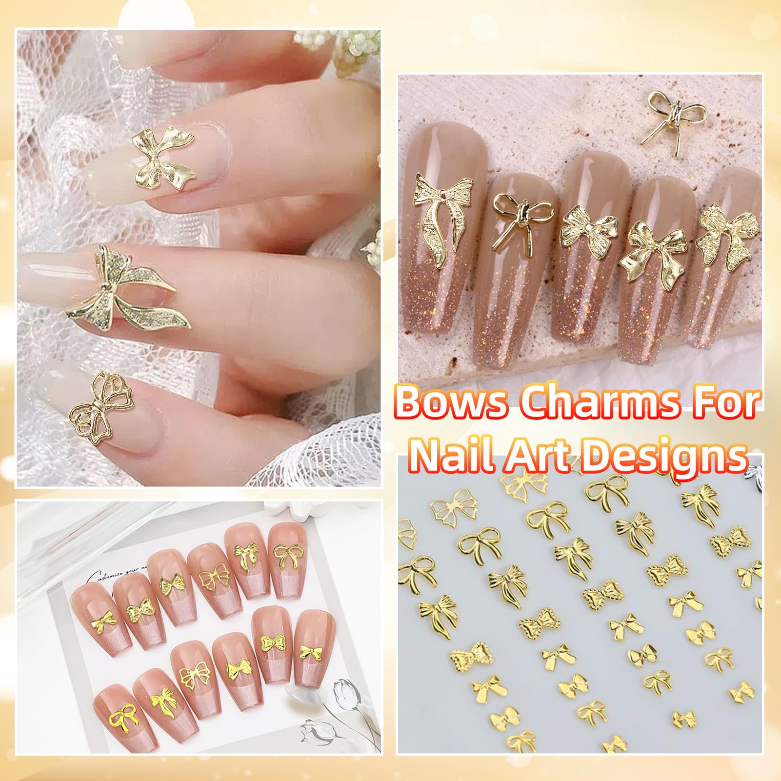 180 Pcs Gold Bow Nail Charms - 3D Alloy Nail Art Studs & Rivets for Acrylic Nails, DIY Y2K Nail Jewelry - Perfect for Manicures, Nail Extensions & Party Nail Designs