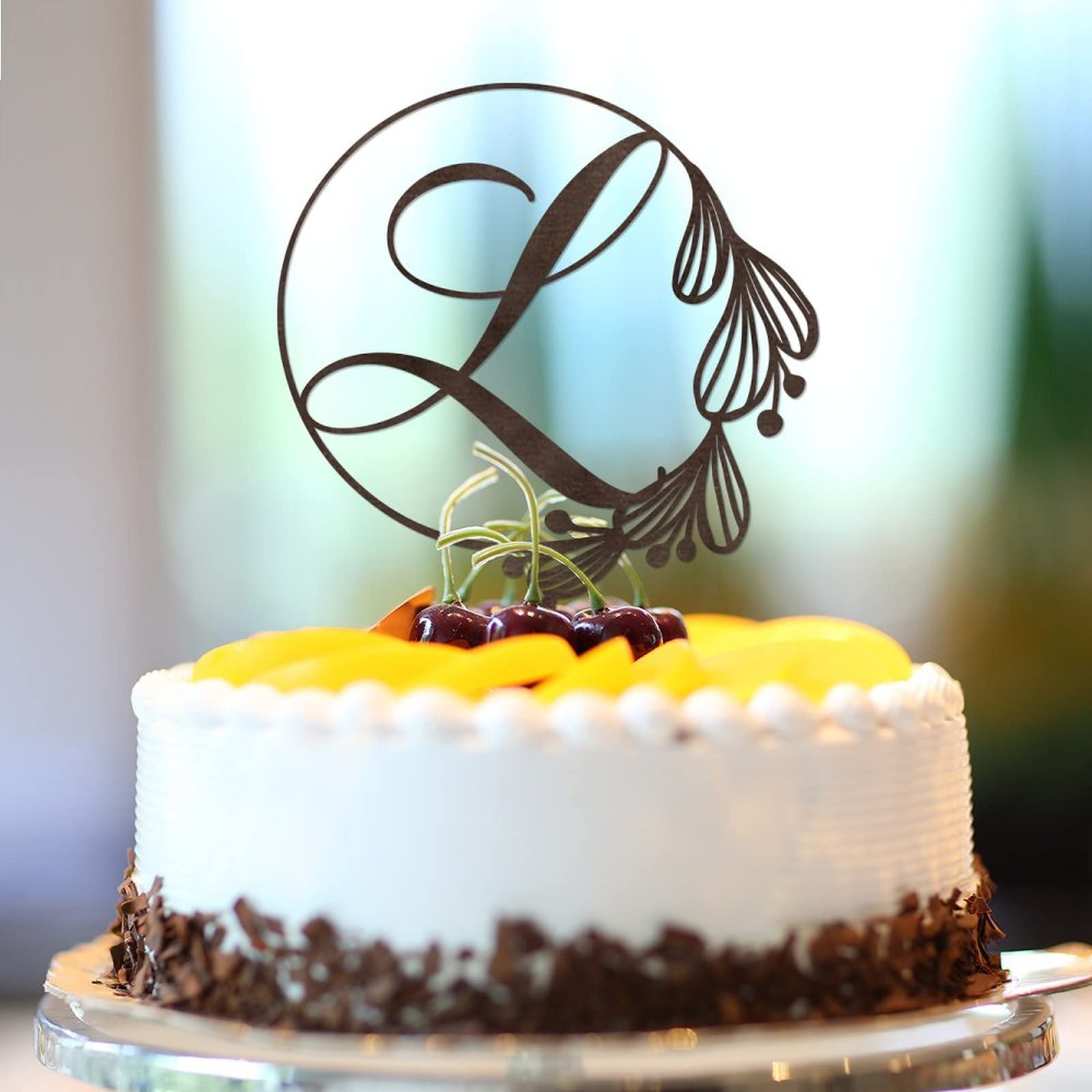 Personalized Initial L Cake Topper - Brown Wooden Wreath Monogram Cake Decor for Rustic Weddings & Birthday Parties (Design 06) | Vinisong Wedding Cake Decoration for Anniversary, Bridal Shower & Special Events