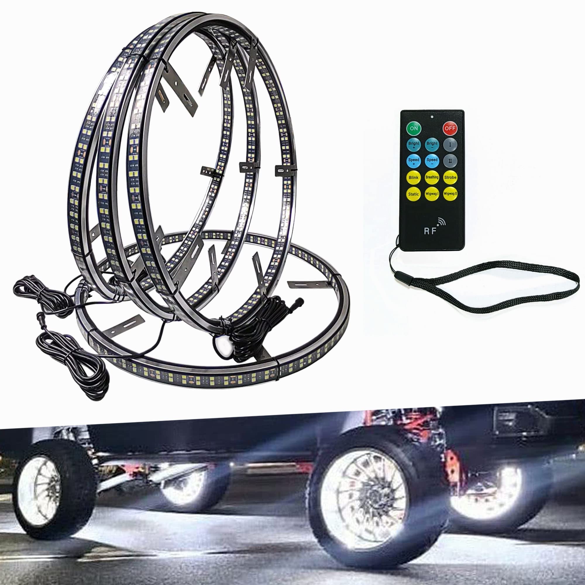 17in Quad Row White LED Wheel Ring Lights with App & RF Remote Control - IP68 Waterproof, 1248 LEDs - Pure White Rim Lights for Trucks, Cars, SUVs - Perfect for Off-Roading, Night Driving & Vehicle Customization