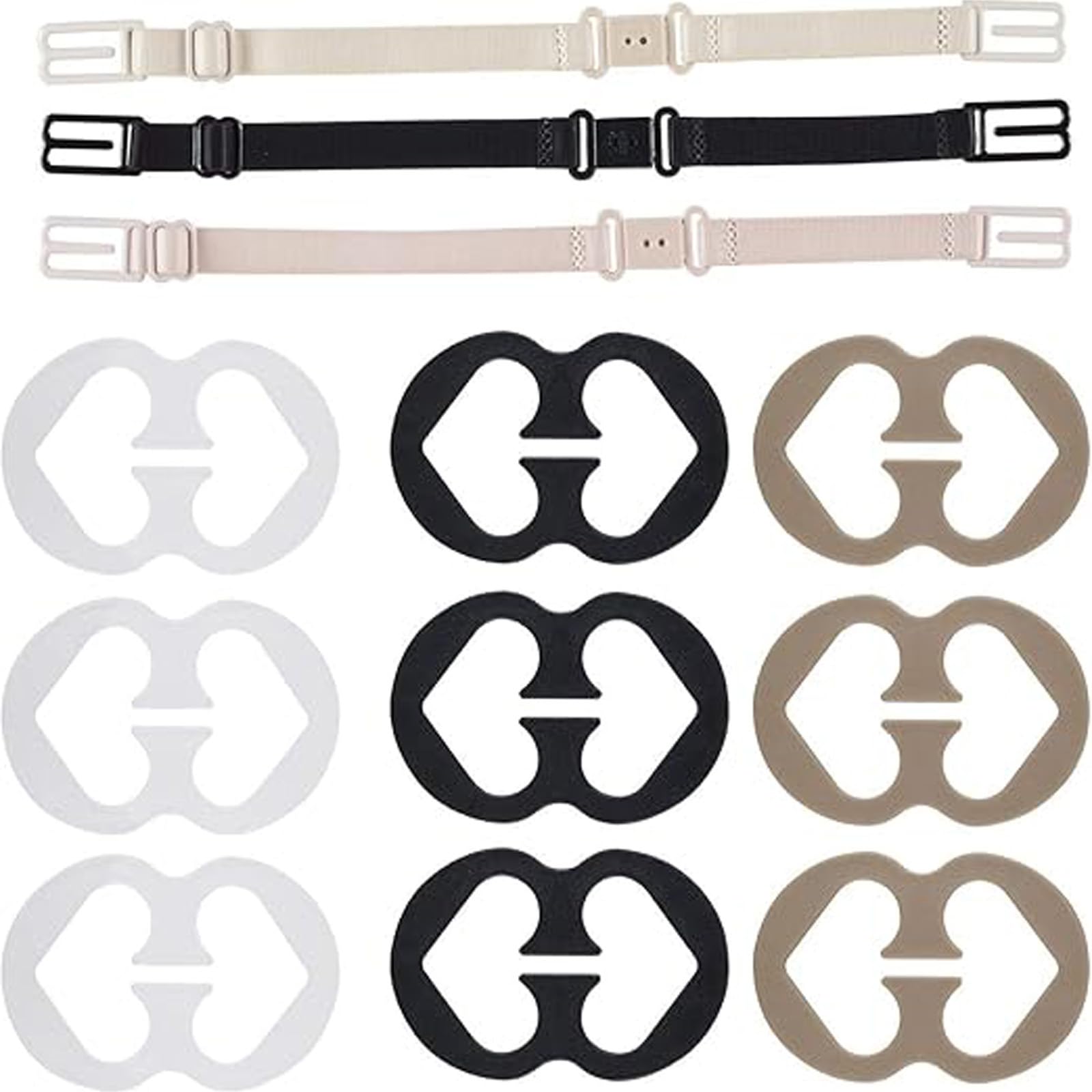 Bra Strap Clips for Women - 12 Pack Bra Straps Holder in Black, White & Beige - Adjustable Racerback Converters for Full Cup Bras - Perfect for Sports, Workouts & Everyday Comfort
