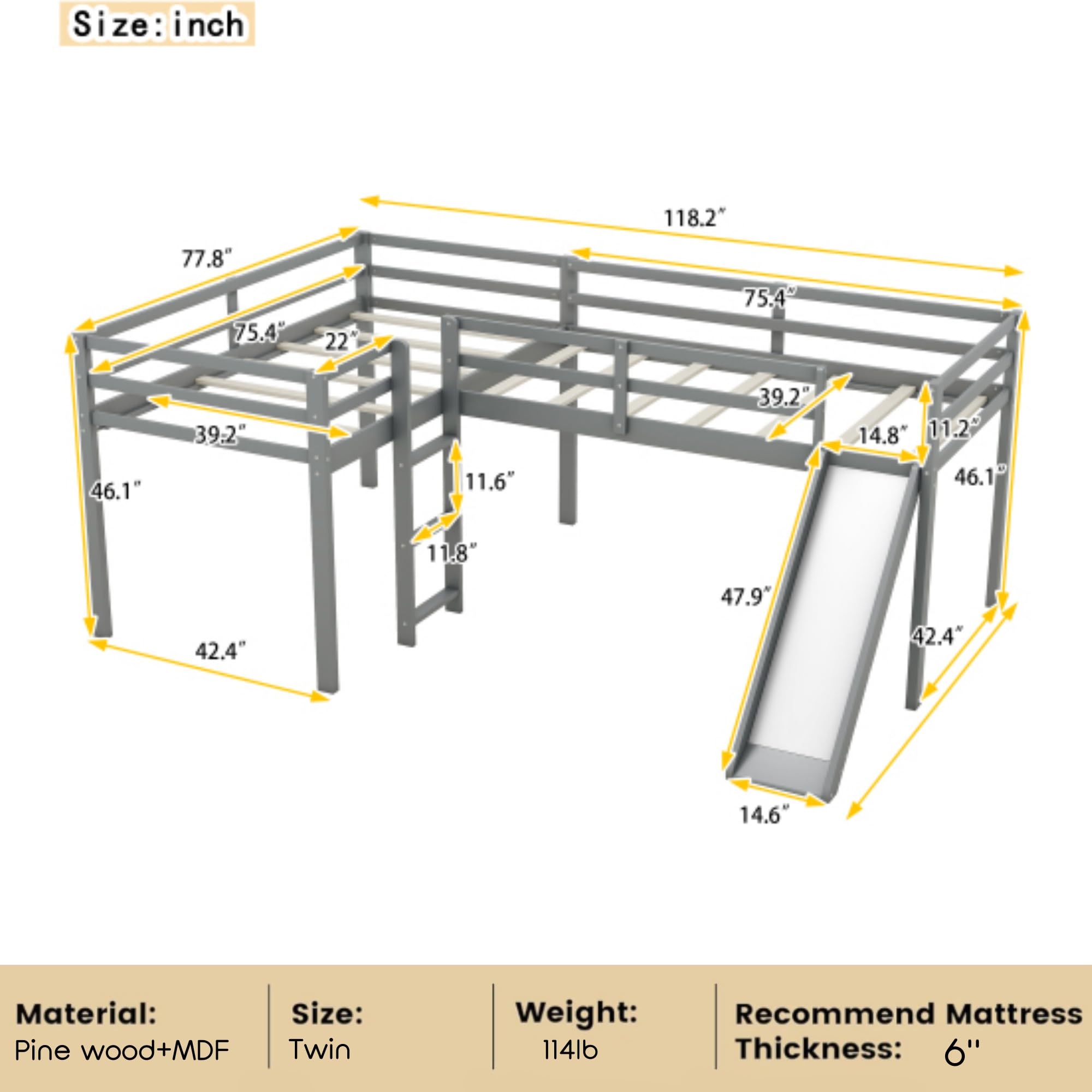 Harper & Bright Designs L-Shape Loft Beds with Slide & Ladder - Twin Size Wooden Bunk Bed Frame for 2 Kids, Space-Saving Corner Loft Bed for Girls, Boys & Teens (Grey) - Perfect for Small Bedrooms, Playrooms & Shared Kids' Rooms