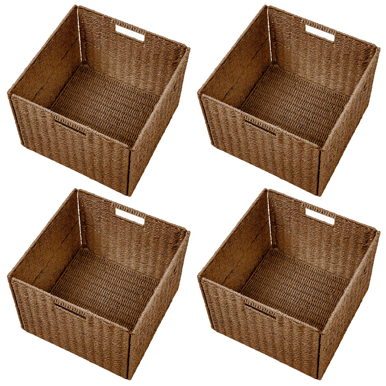 Trademark Innovations Foldable Storage Basket Set of 4 - Brown Woven Iron Wire Frame Organizer Bins for Home, Office, Closet & Laundry Room Organization