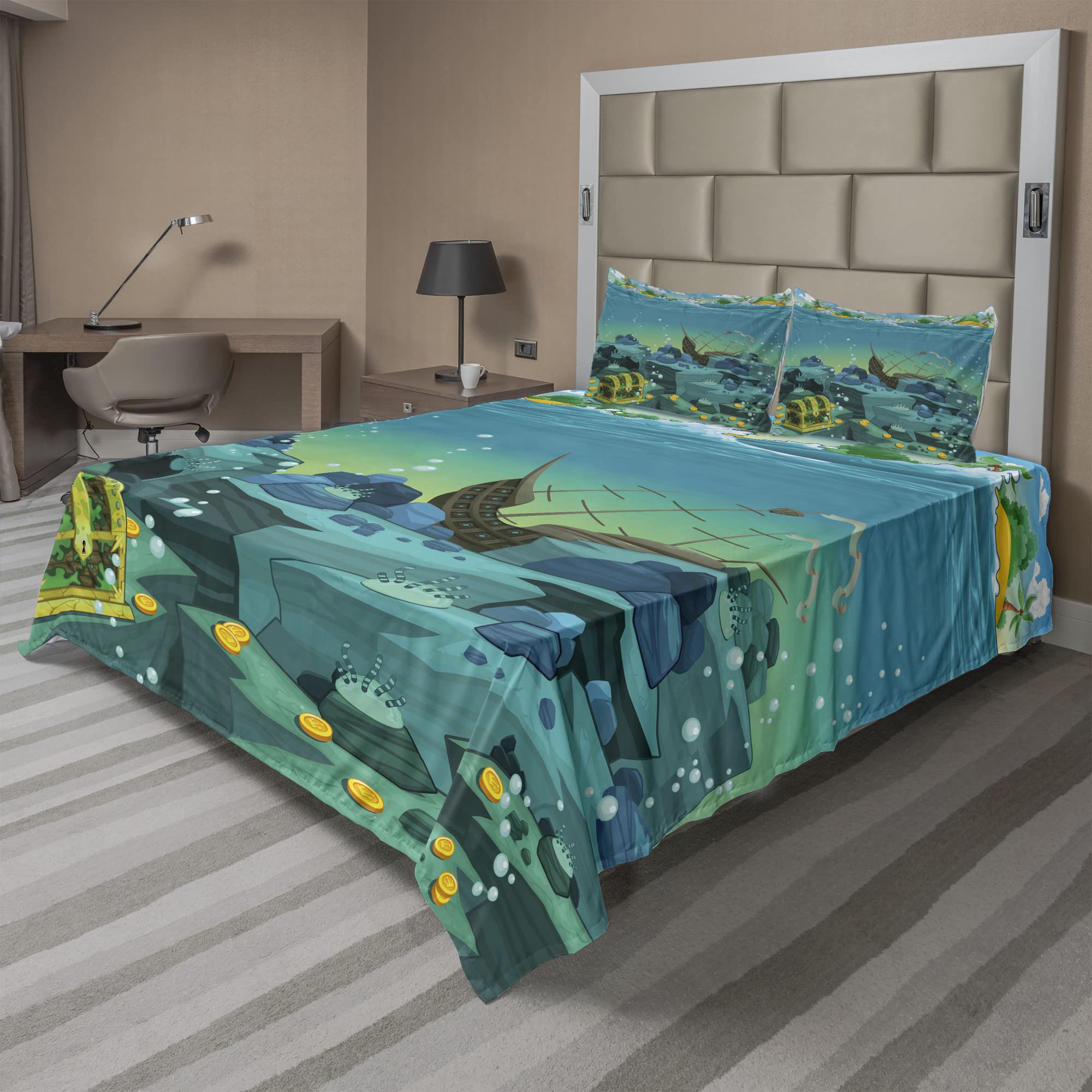 Ambesonne Pirate Ship Cartoon Bed Sheet Set - 4 Piece King Size Seascape Underwater Treasure Galleon & Sunken Ship Print Bedding with Fitted Sheet, Flat Sheet & Pillowcases - Teal & Yellow Nautical Theme for Kids Room, Teen Bedroom or Pirate Themed Decor