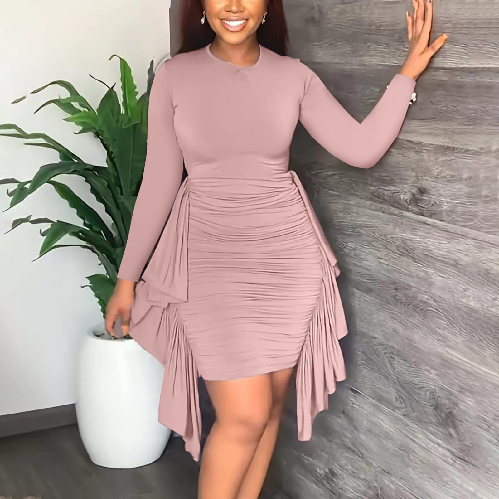 Women's Bodycon Midi Dress - Slim Fit Pencil Dress with Long Sleeves for Work, Cocktail Party, Church & Tea Events | Elegant Ruffle & Ruched Detail Formal Dress for Women | Perfect for Office, Date Night & Special Occasions
