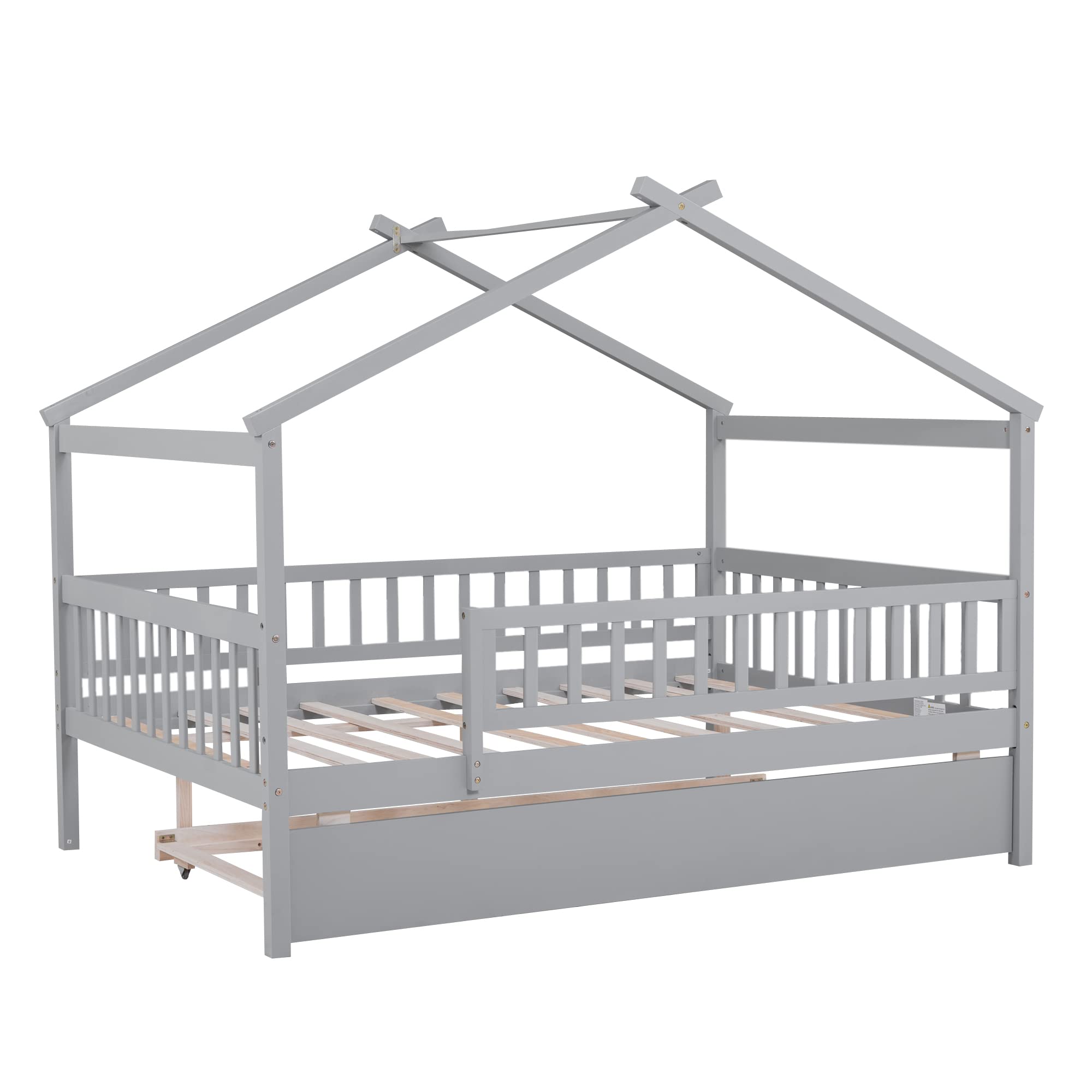 Harper & Bright Designs Full Size Wooden House Bed with Trundle - Kids Bed Frame with Roof & Fence Design for Boys & Girls (Gray) - Perfect for Bedrooms, Playrooms & Montessori Spaces