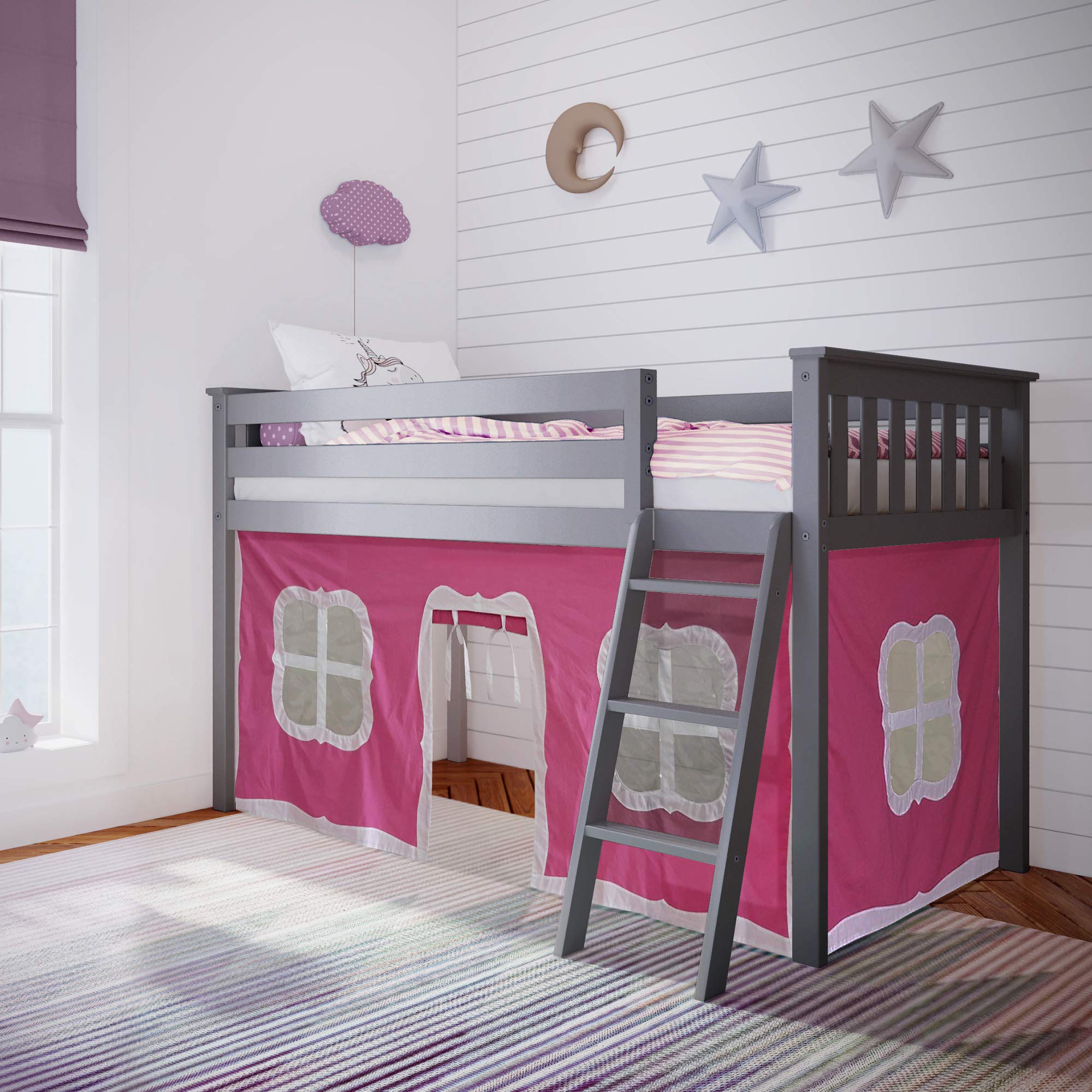 Max & Lily Low Loft Twin Bed Frame for Kids with Privacy Curtains - Space-Saving Grey/Pink Bunk Bed for Small Rooms, Playrooms & Sleepovers
