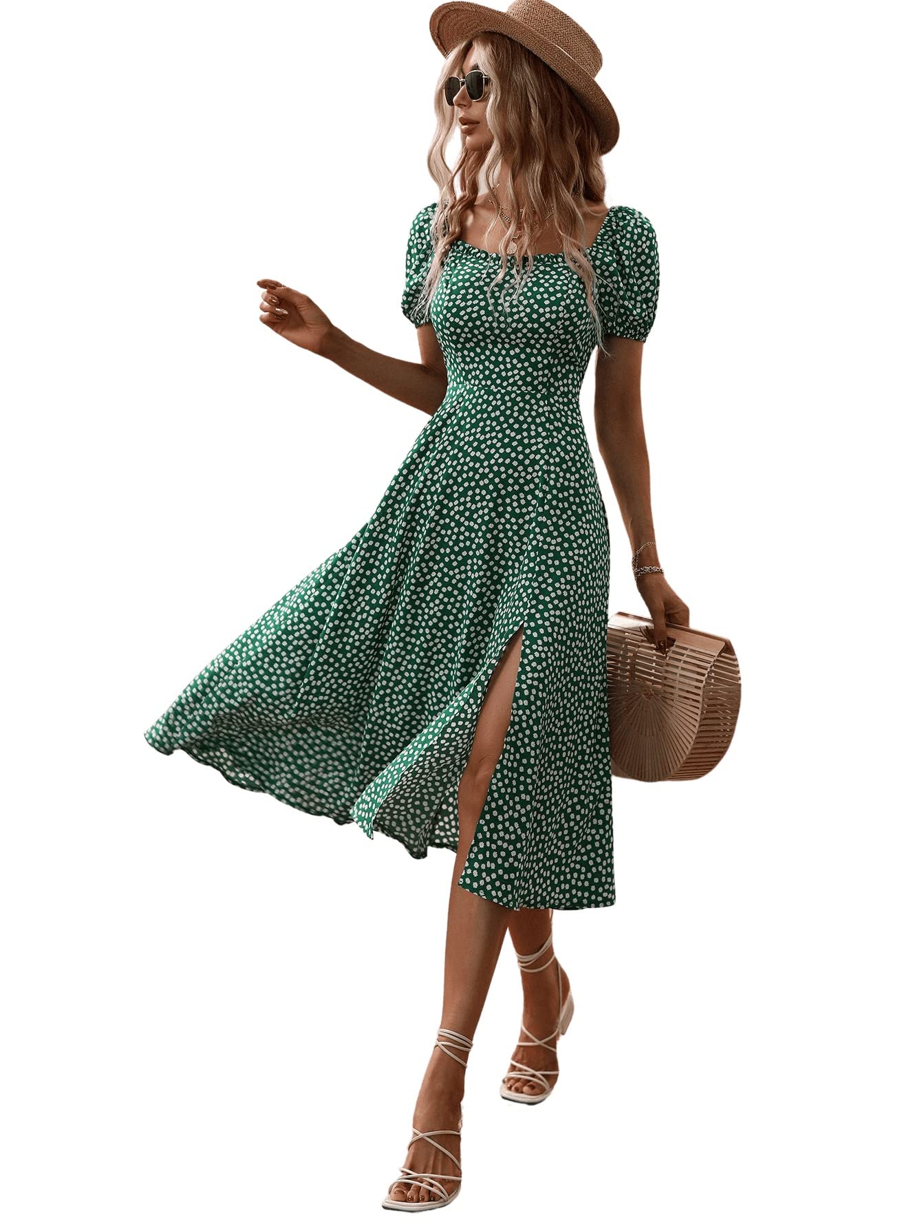 SweatyRocks Women's Boho Floral Midi Dress - Short Puff Sleeve, A-Line Flare with Slit | Perfect for Summer Outfits, Beach Vacations & Boho Chic Style