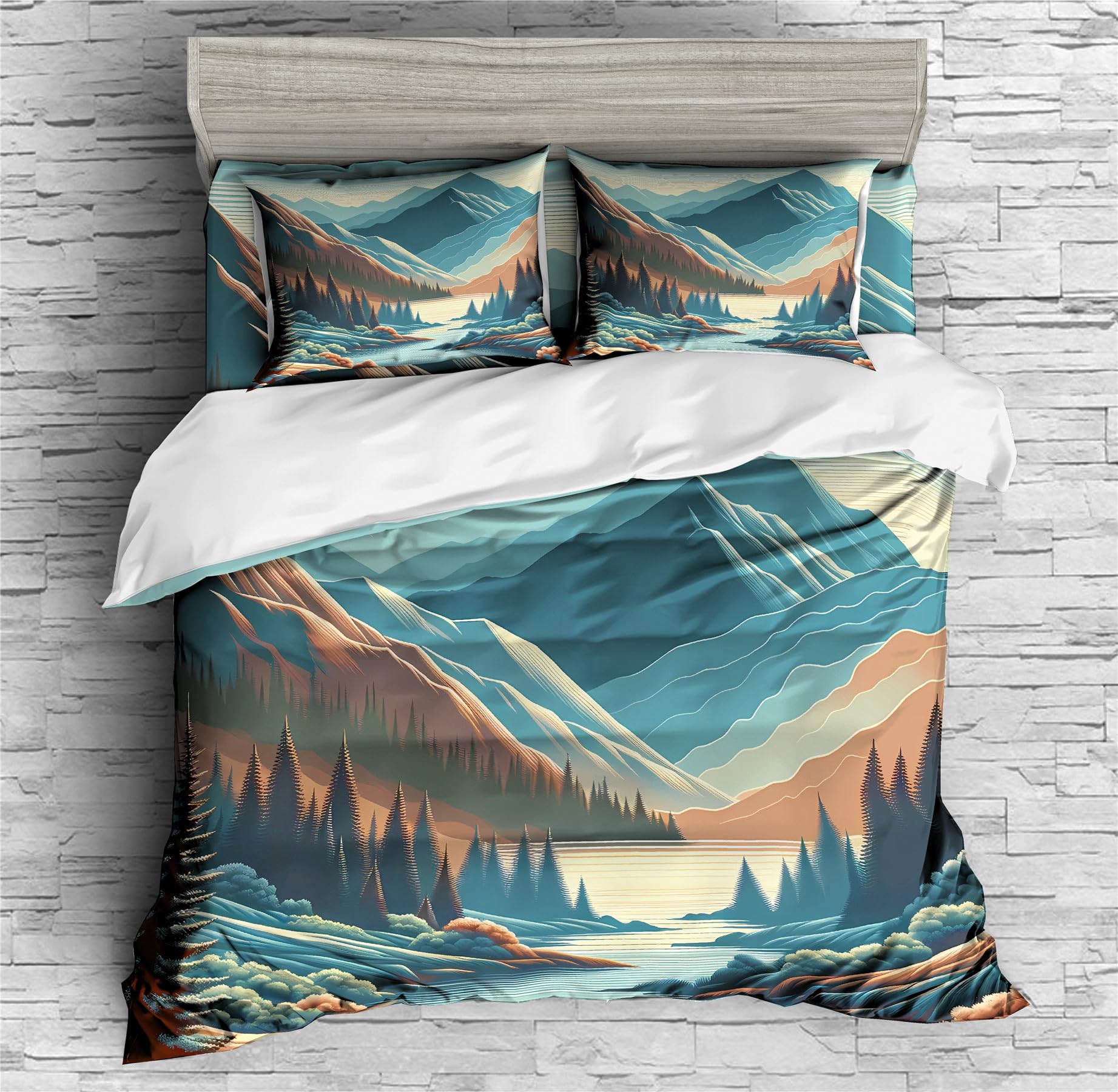 REALIN Hawthorn Bedding 3D Duvet Cover Set - Japan Forest Mountain River Design - 2/3/4PCS Quilt Cover with Sheets & Pillow Shams - Twin/Full/Queen/King Size (Queen 228x228cm 4PCS, Green) - Perfect for Bedroom Decor, Guest Room & Cozy Home Styling