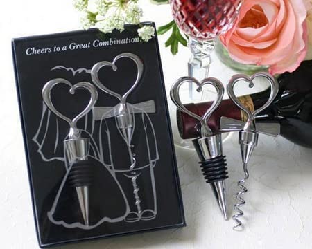 Crysdaralovebi 10-Piece Heart Corkscrew Wine Bottle Opener Set with Wine Stoppers - Elegant Wedding Favors & Gifts for Guests - Perfect for Bridal Showers, Anniversaries, and Romantic Celebrations (Black Box)