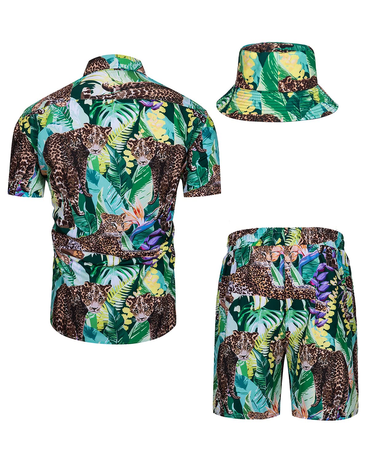 TUNEVUSE Men's Hawaiian Shirt and Shorts Set - 2 Piece Tropical Beach Outfit with Floral Print & Bucket Hat | Summer Vacation, Luau Party, Poolside Relaxation